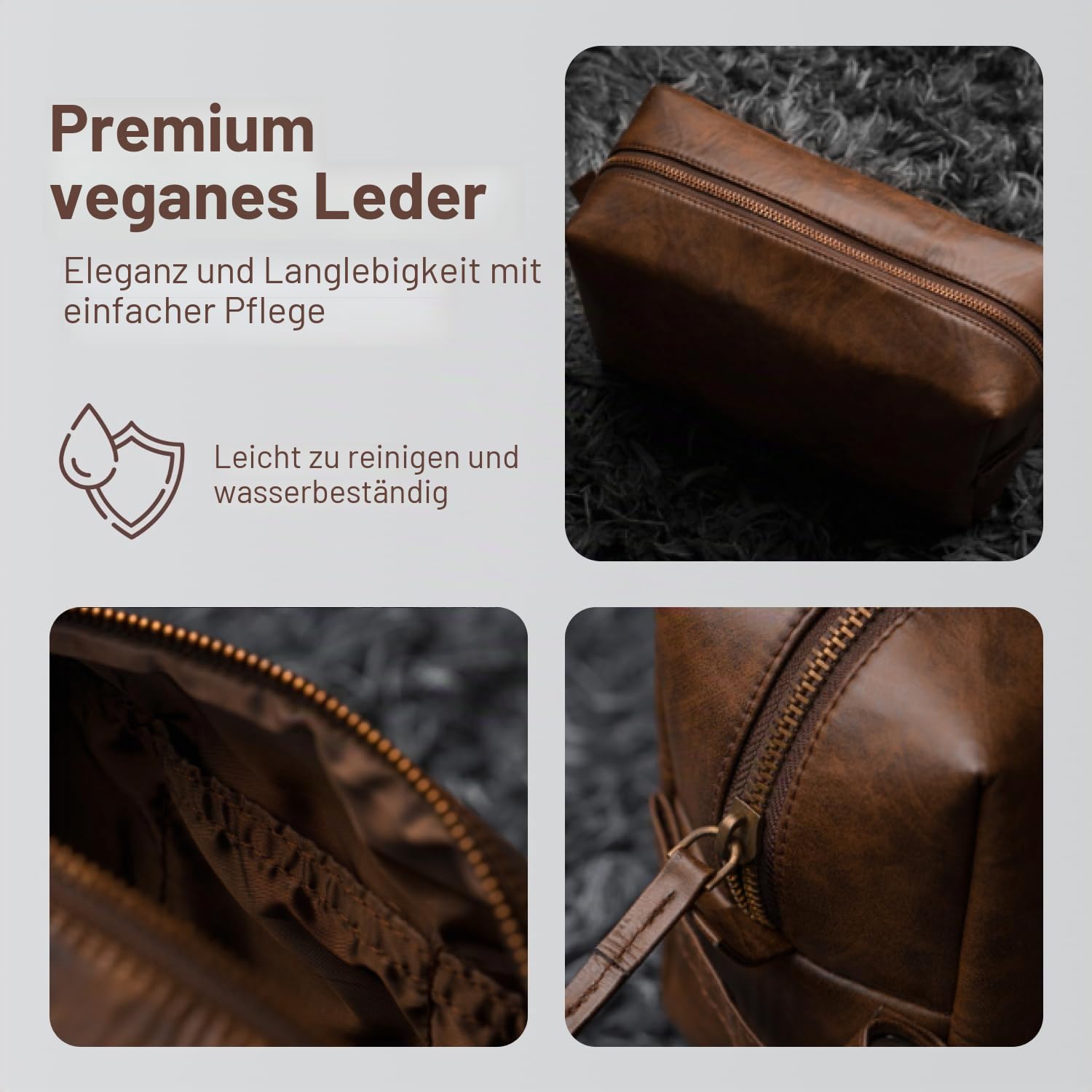 RUBAB Men Premium Kulturbeutel aus veganem Leder für Herren, Rasierset-Tasche & Pflege-Reisetasche für Herren, wasserdichtes Futter, Hellbraun, Pack-It Smart Edition, braun, Pack It Smart