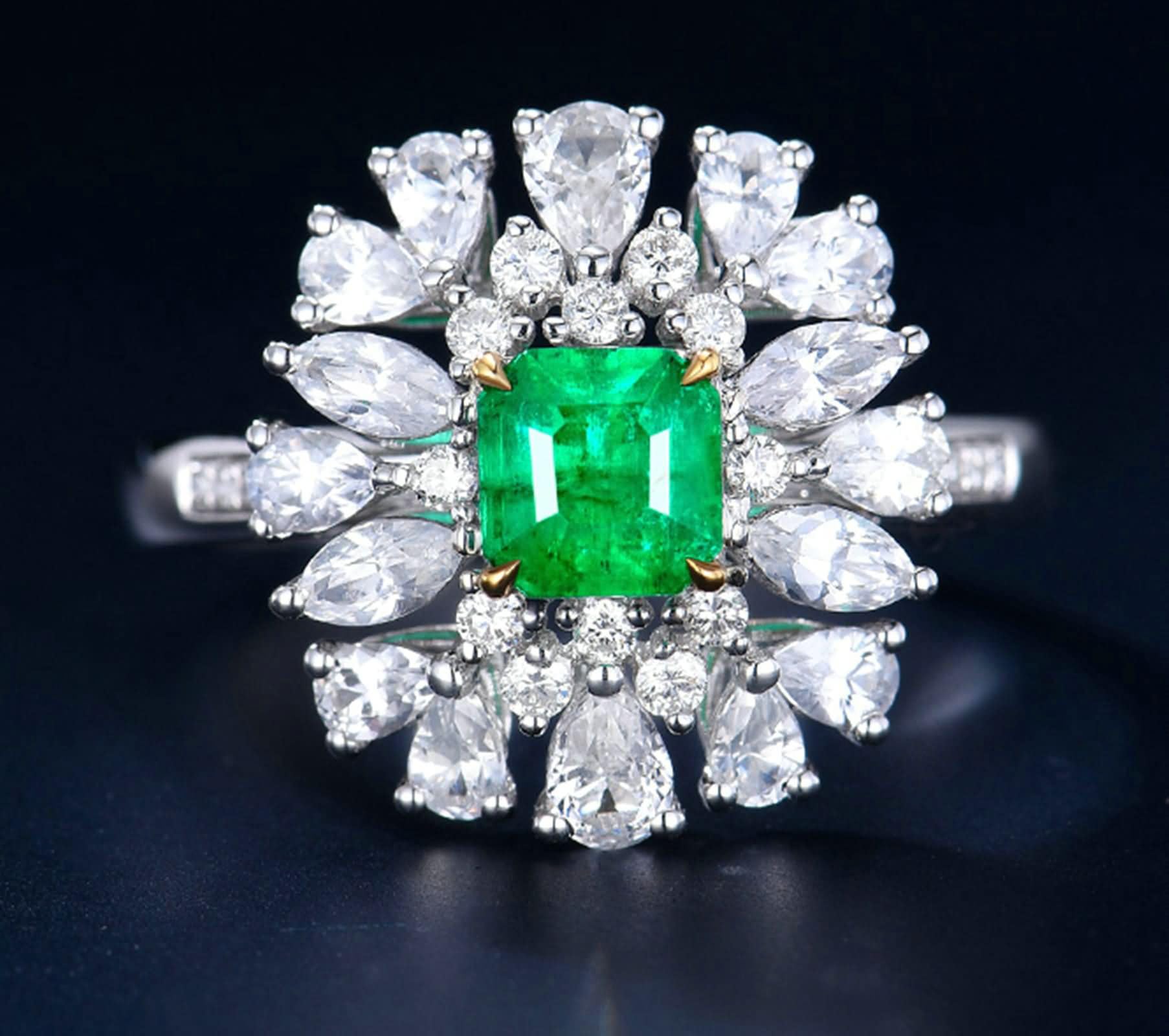 Obrączki ślubne damskie białe złoto 9K / 14K / 18K, kwiat i 4 szczęki kwadratowy szmaragd 0,59ct i diament, srebrny zielony pierścionek zaręczynowy dla kobiet
