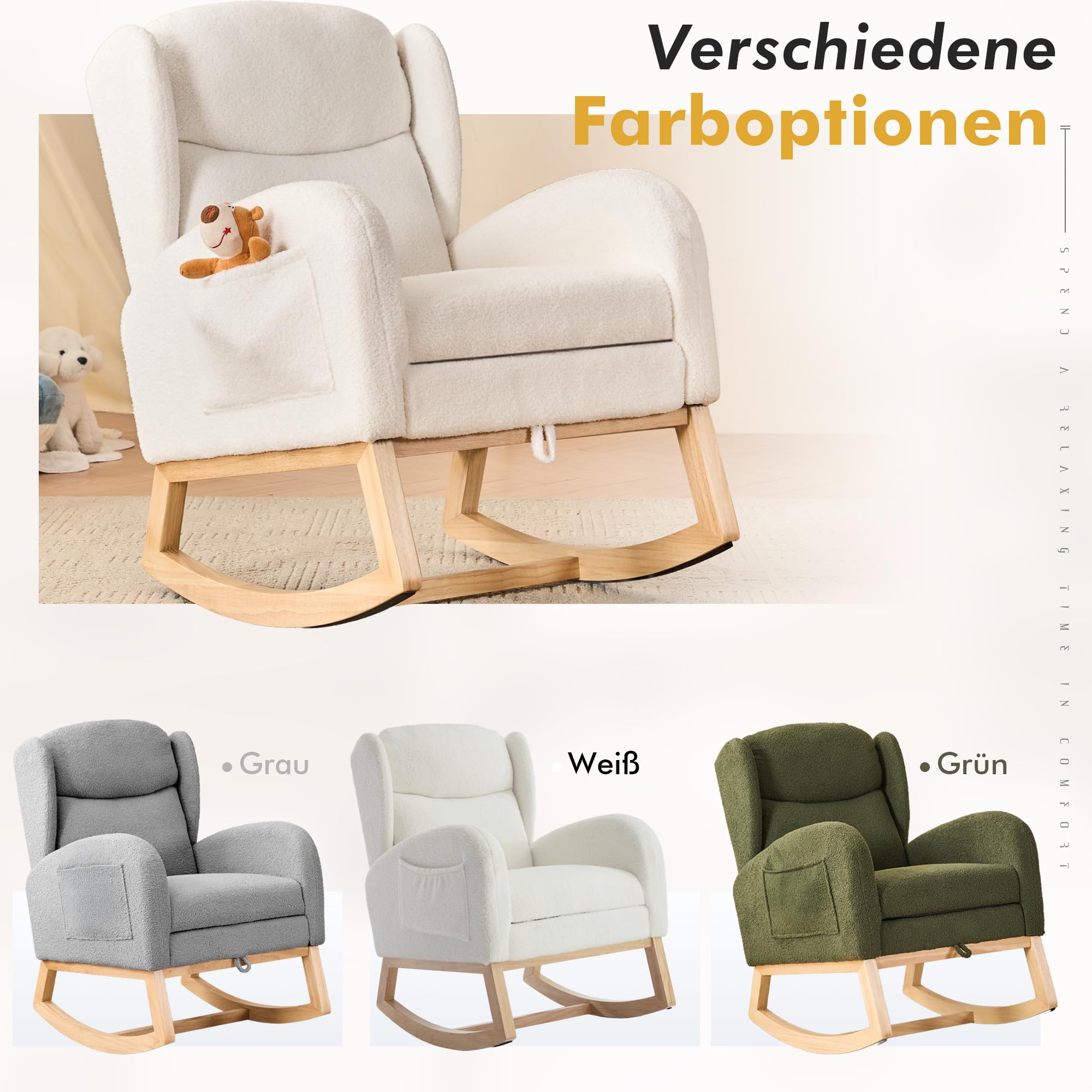 DEKKETO Schaukelstuhl mit Fußstütze, Großem Sitz und Seitentasche, Stillsessel Stillstuhl mit Ausziehbarer Beinauflage, Hoher Rückenlehne Rocking Chair für Wohnzimmer Innen, Teddy-Stoff, Weiß
