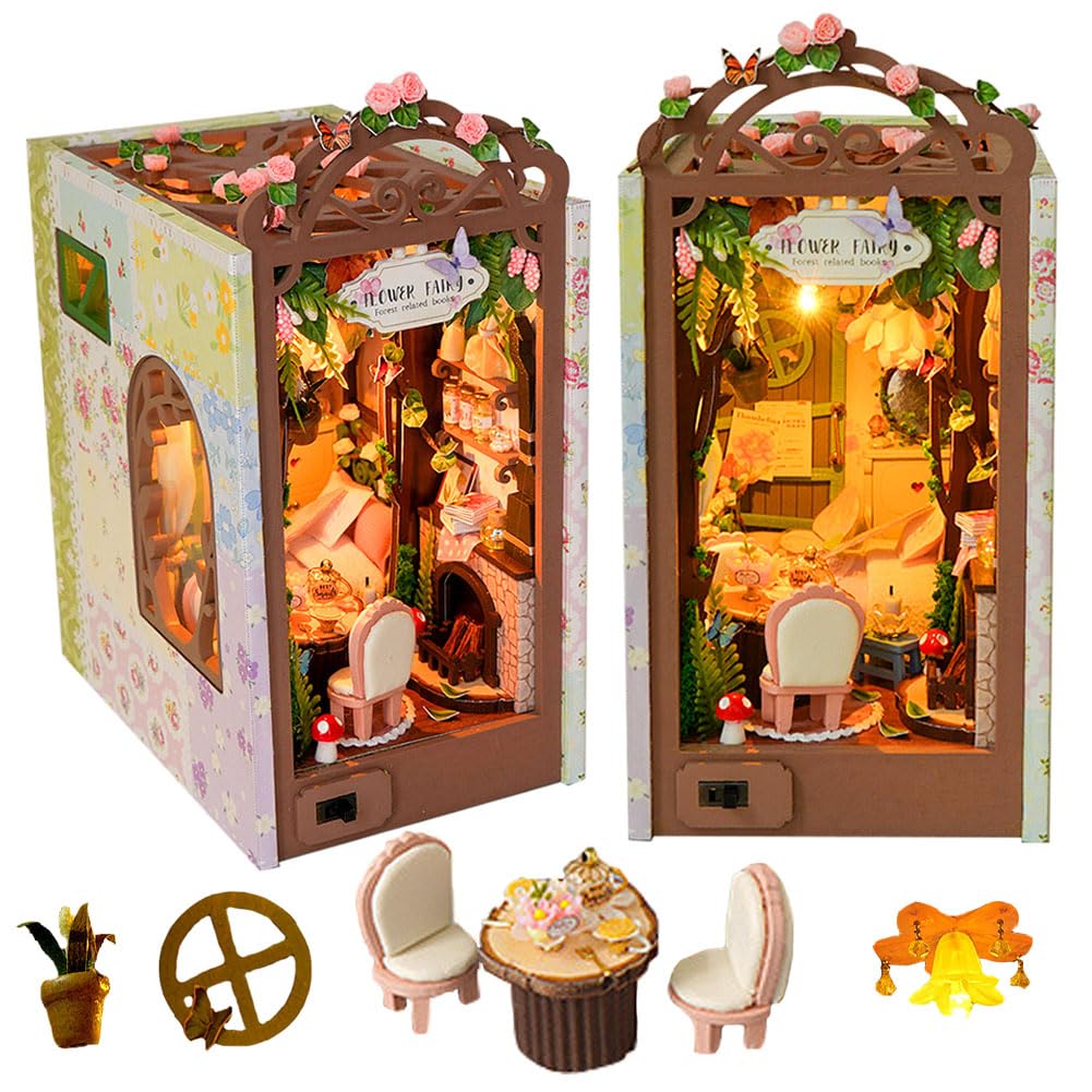 Cjeuxnr DIY Book Nook Kit Creative Book Stand Insert Bookcase Miniature House Room Model with LED Light 3D Wooden Puzzle Building