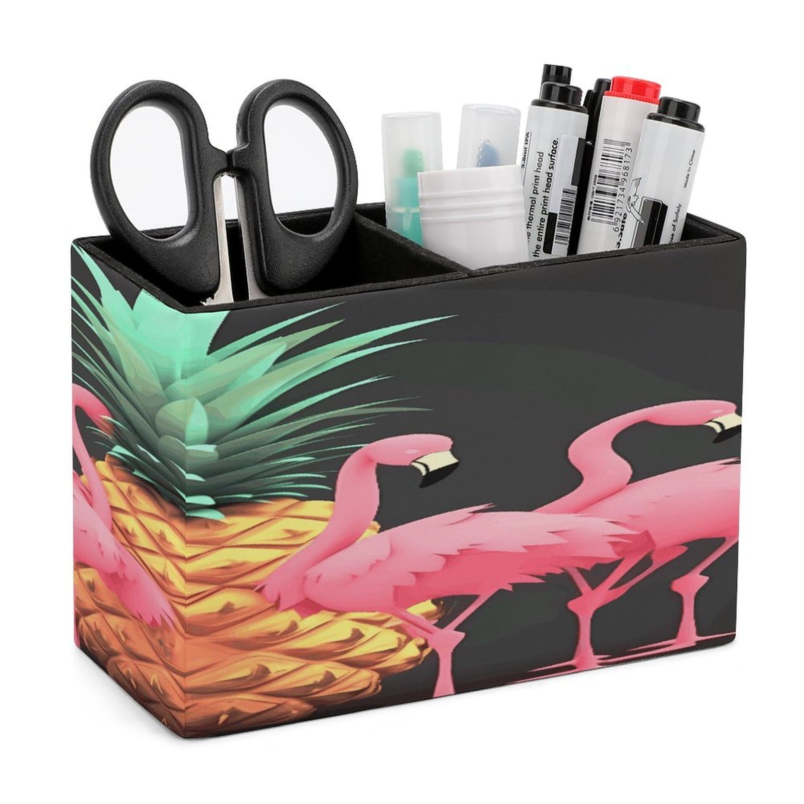 FekiLoot Pineapple Flamingos Leather Pen Holder for Desk Double Compartments Brush Minimalist PU Leather Pencil Holder Locker Organizer for Work Locker Accessories Pencil Cup for Desk