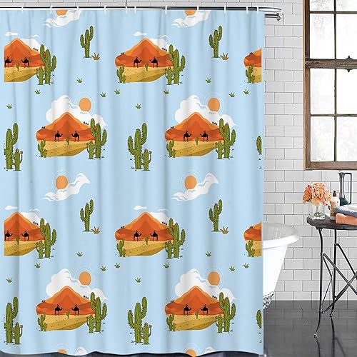 Stall Shower Curtain Cartoon Cactus and Camel under the Clouds Blue Shower Curtain Set Waterproof Washable Polyester Fabric Small Bathroom Curtain