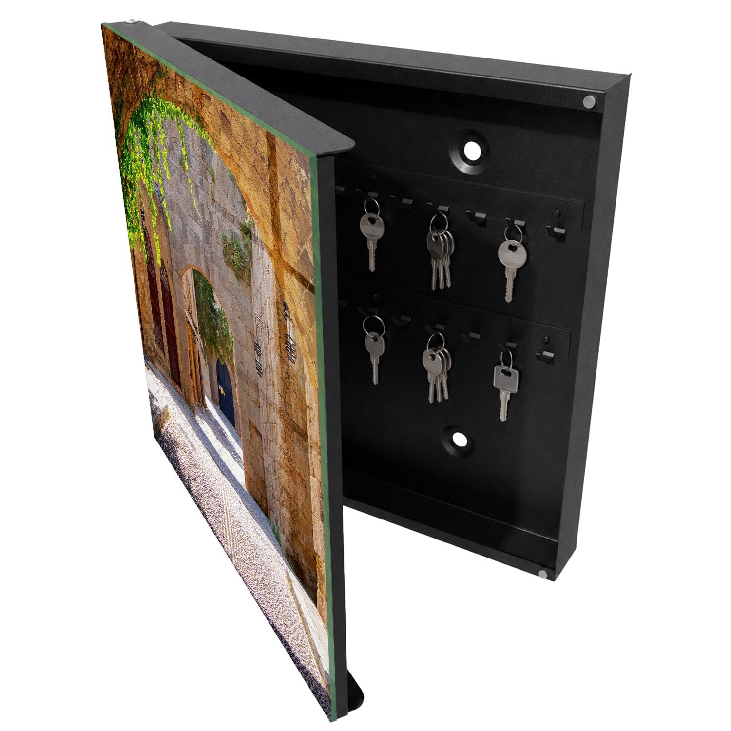 Armadietto Portachiavi 30x30 cm | Nero | A Sinistra | Montaggio a Parete | Via di pietra | Tasselli e Viti Inclusi | Frontale Decorativo in Vetro Temperato | per Uffici | in Metallo