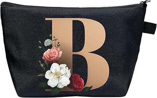 CTNUOBEE Bolsa de comestic con letras del alfabeto dorado con bolsa de maquillaje de flores, bolsa de viaje portátil con cremallera, bolsa de aseo