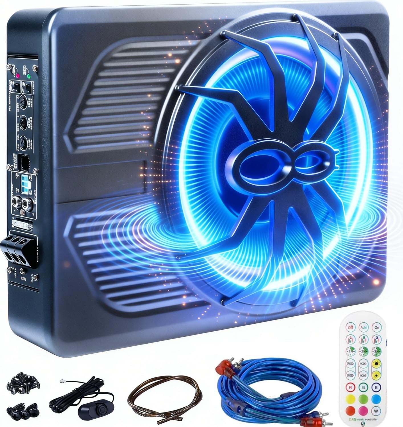 Andeman 1000W Smart Car Subwoofer with Wireless Remote Control - 10" Slim Under Seat Powered Bass, Blue LED Sync Light, Built-in Amp &amp; Hi/Lo Input for Car/Truck/SUV/Jeep/MPV