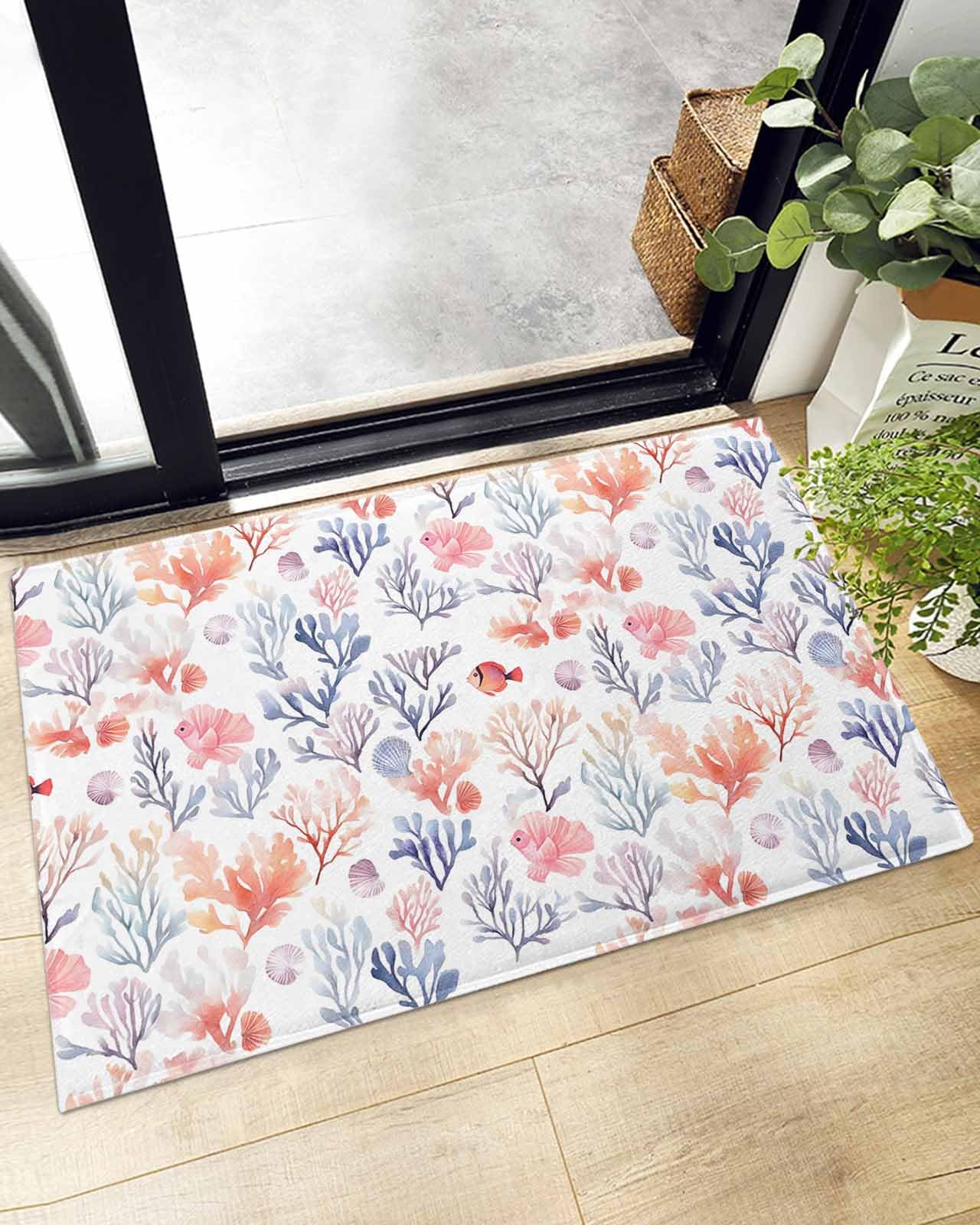 Indoor Doormat Summer Watercolor Ocean Fish Coral,Shaggy Floor Mat with Non-Skid Backing Coastal Marine Creature,Machine Washable Plush Area Rug Carpets for Kitchen Nursery Bedroom