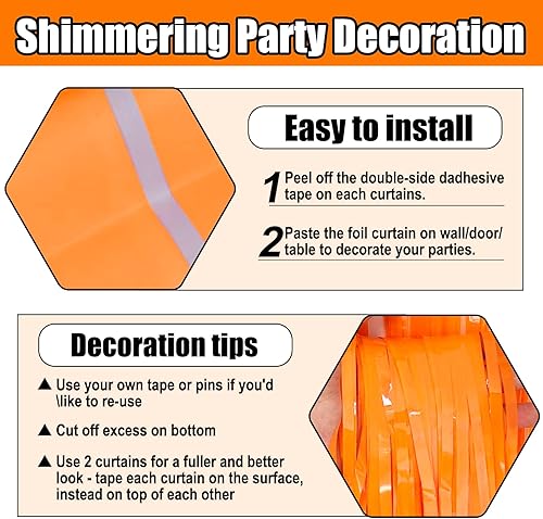 Miniatura 3 de Paquete de 6 cortinas de flecos de papel de aluminio naranja macarrón, 3.28 pies x 8.2 pies, cortinas metálicas de oropel para accesorios de cabina