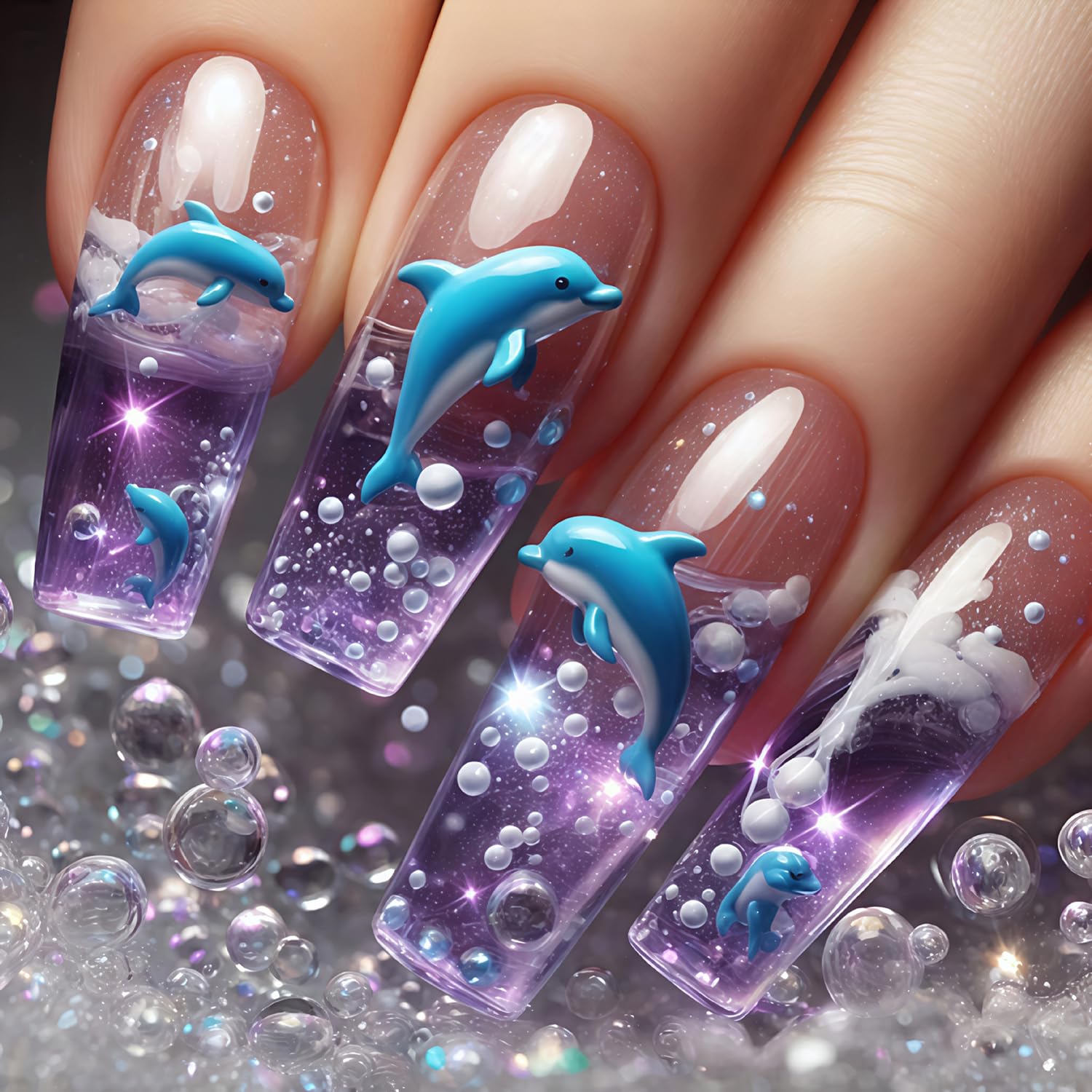 24Pcs Dolphin Press on Nails Ballet Shaped Long Length Cute Blue Dolphin Pattern Design Ocean False Nails Purple Gradient French Stick on Nail Full