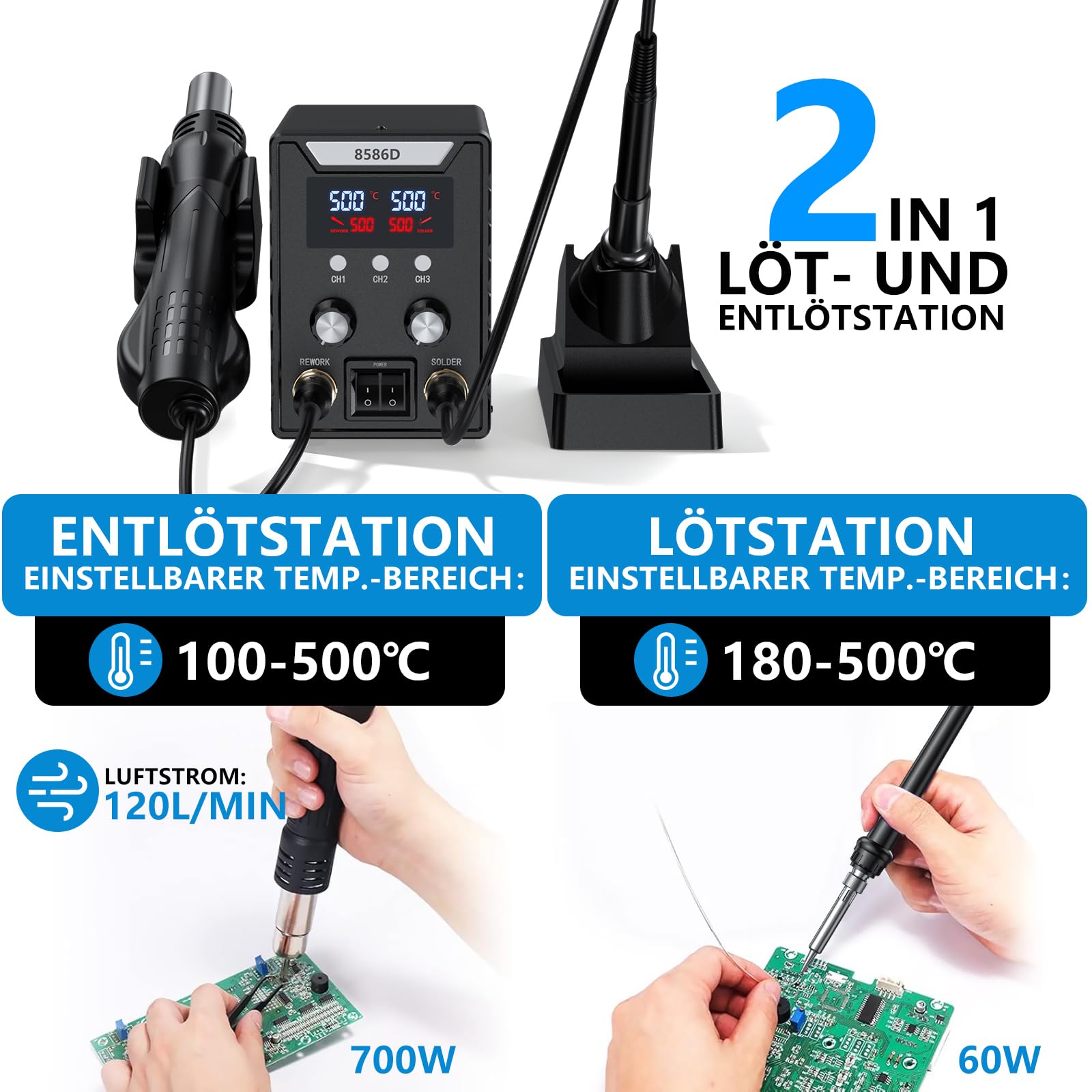 Lötstation, Heißluft Lötstation 2 in 1 Lötkolben Set 60W Soldering Station Entlötstation,Lötkolben 180-500℃,Lötset für Enthält 5 Schweißköpfe 3 Heißgasdüsen 2 Pinzen