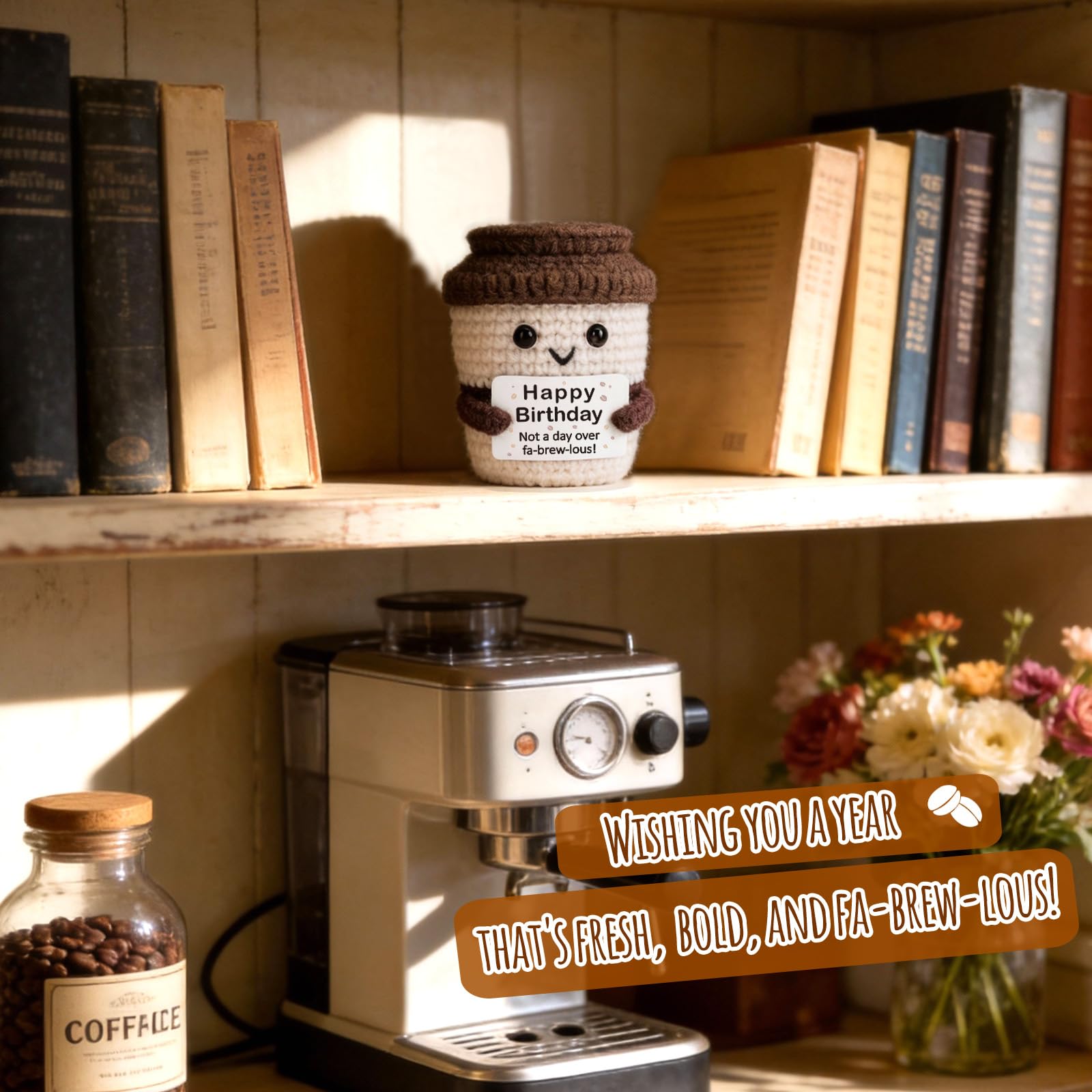 Birthday Gifts for Man Woman Dad Handmade Crochet Coffee with Inspirational Funny Birthday Card for Coffee Lover Coworkers Friend Teacher Nurse Boyfriend Girlfriend Sister Brother Mom Dad BFF - 5