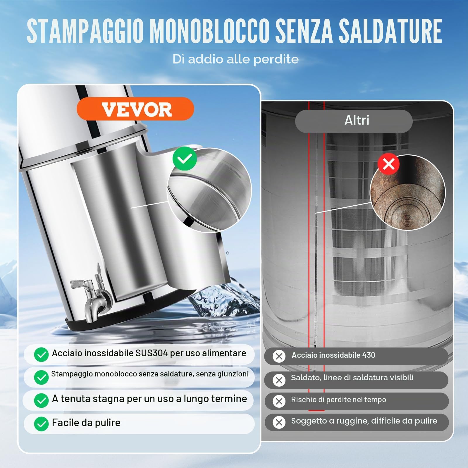 VEVOR Sistema di Filtraggio Acqua a Gravità, Sistema Filtraggio in Acciaio Inox 304 da 2,25 G, Riduce Piombo e Cloro, con 2 Filtri al Carbone e Rubinetto e Supporto, Sistema di Filtraggio Casa Camper