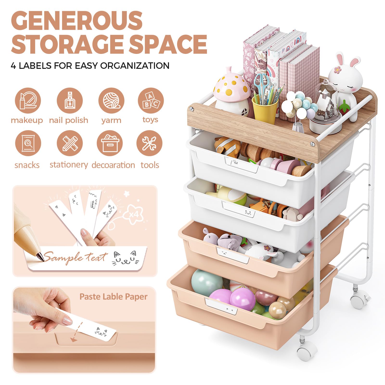 SYKIARIOL Chariot à 4 tiroirs avec roulettes et boîte de rangement - Chariot multifonction en plastique avec étagères en bois - Convient pour salle de bain, cuisine, salon et bureau