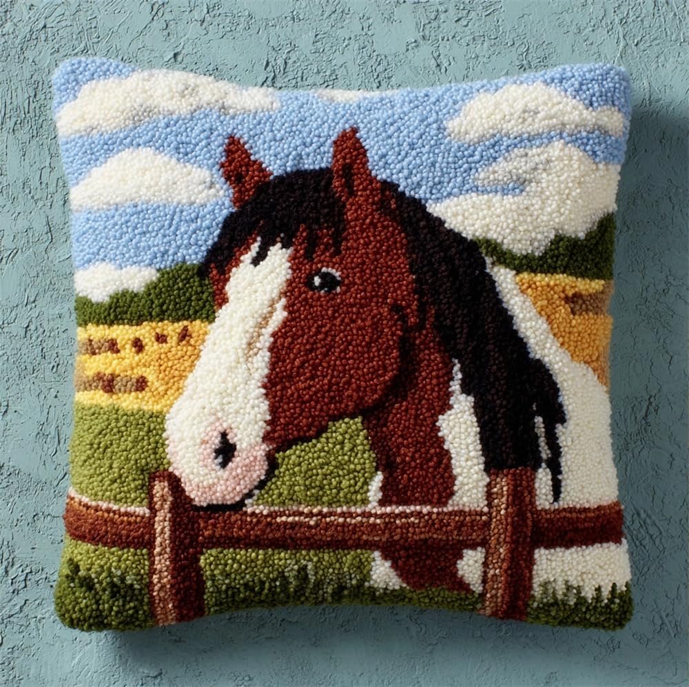 kitphoenix Latch Hook Pillowcase Embroidery Kit,Horse in A Paddock