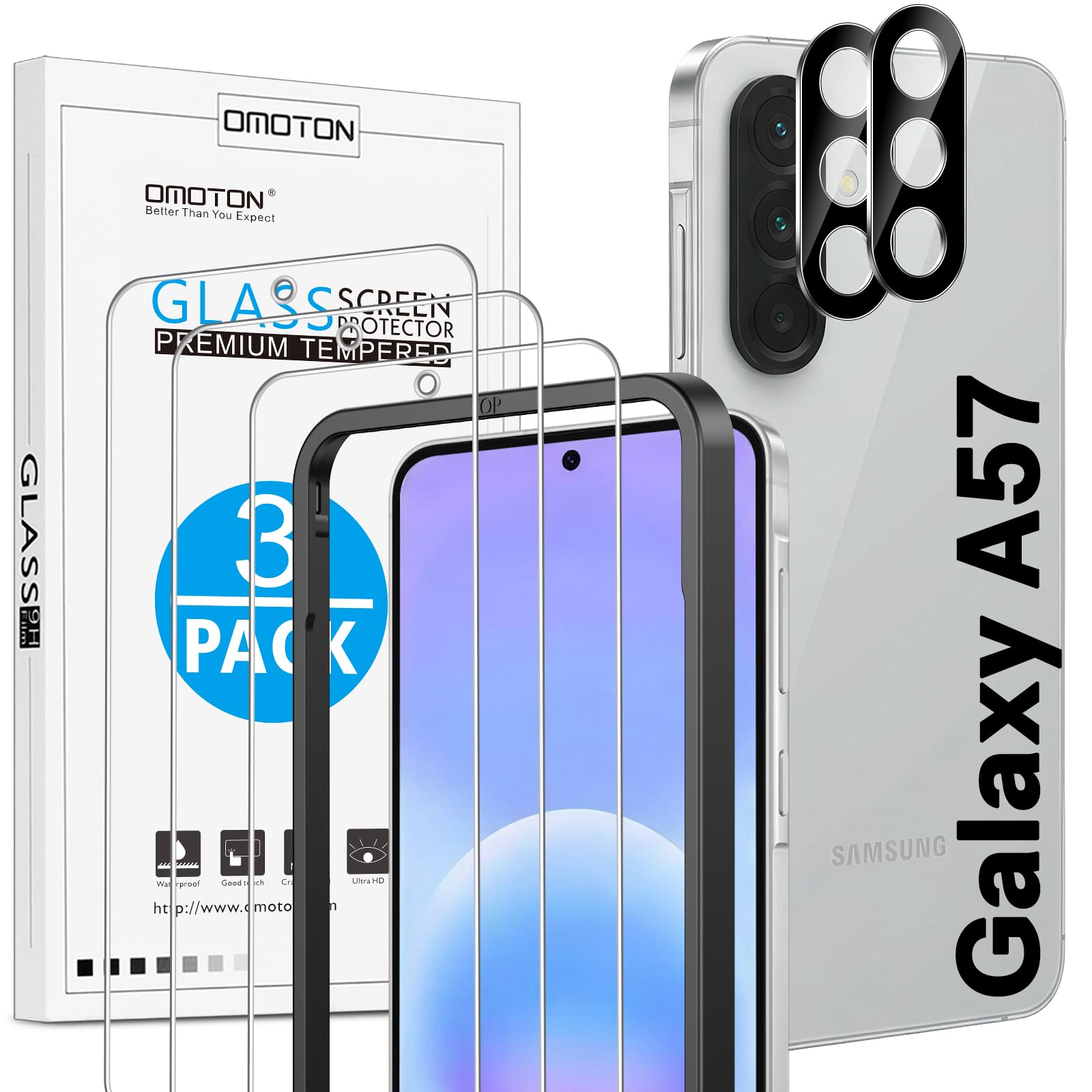 OMOTON für Samsung Galaxy A57 5G Panzer Schutz Glas mit Montagerahmen, 3 Stück Schutzfolie und 2 Stück Kameraschutz, Anti- Kratzer, Bläschenfrei, 9H Härte