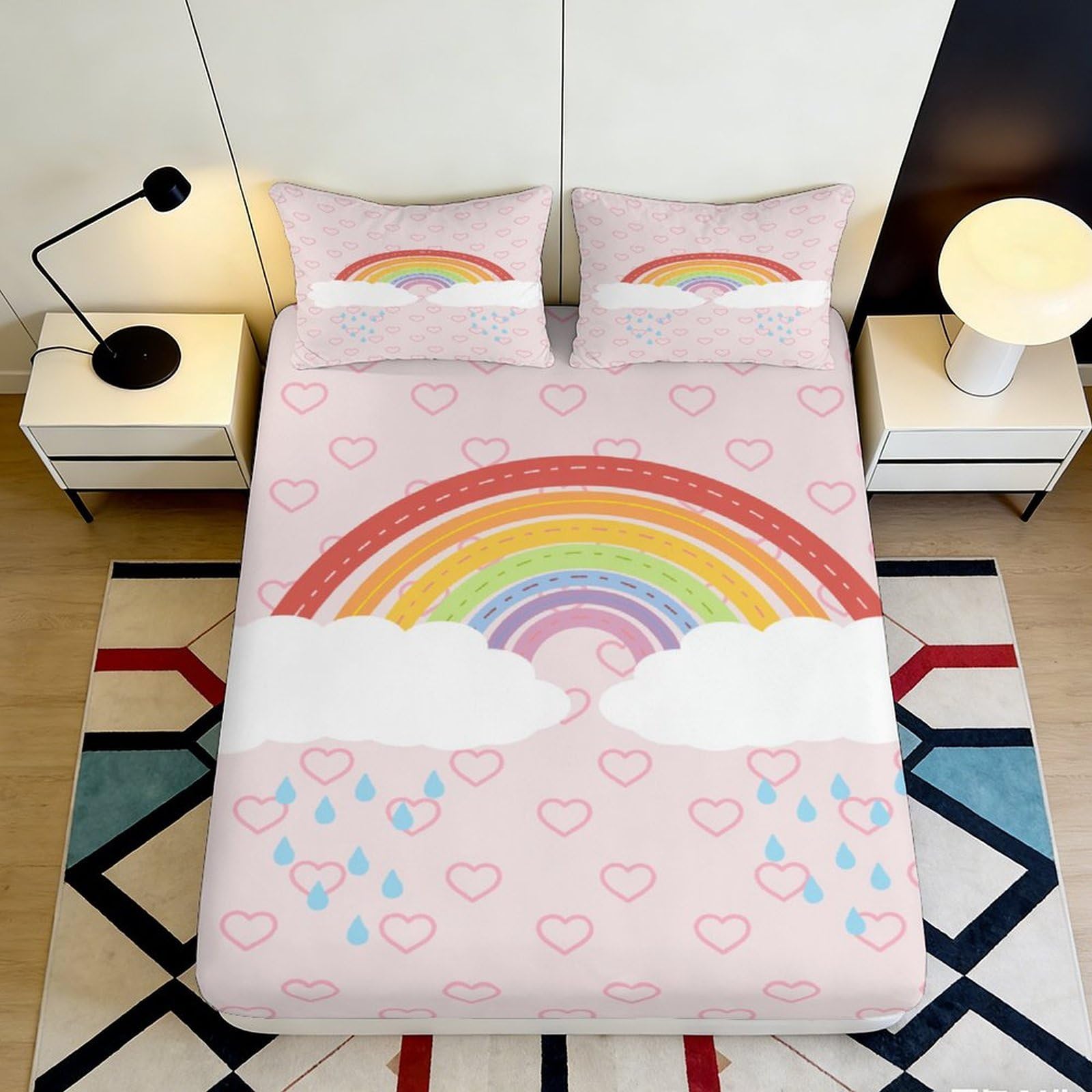 Pnayamiorkfel Style-4 3D Printed Rainbow Cloud Fitted Sheet Microfiber Soft Pink Heart Mattress Cover For Bedroom Guest Room Decor Protection 90X200x25cm
