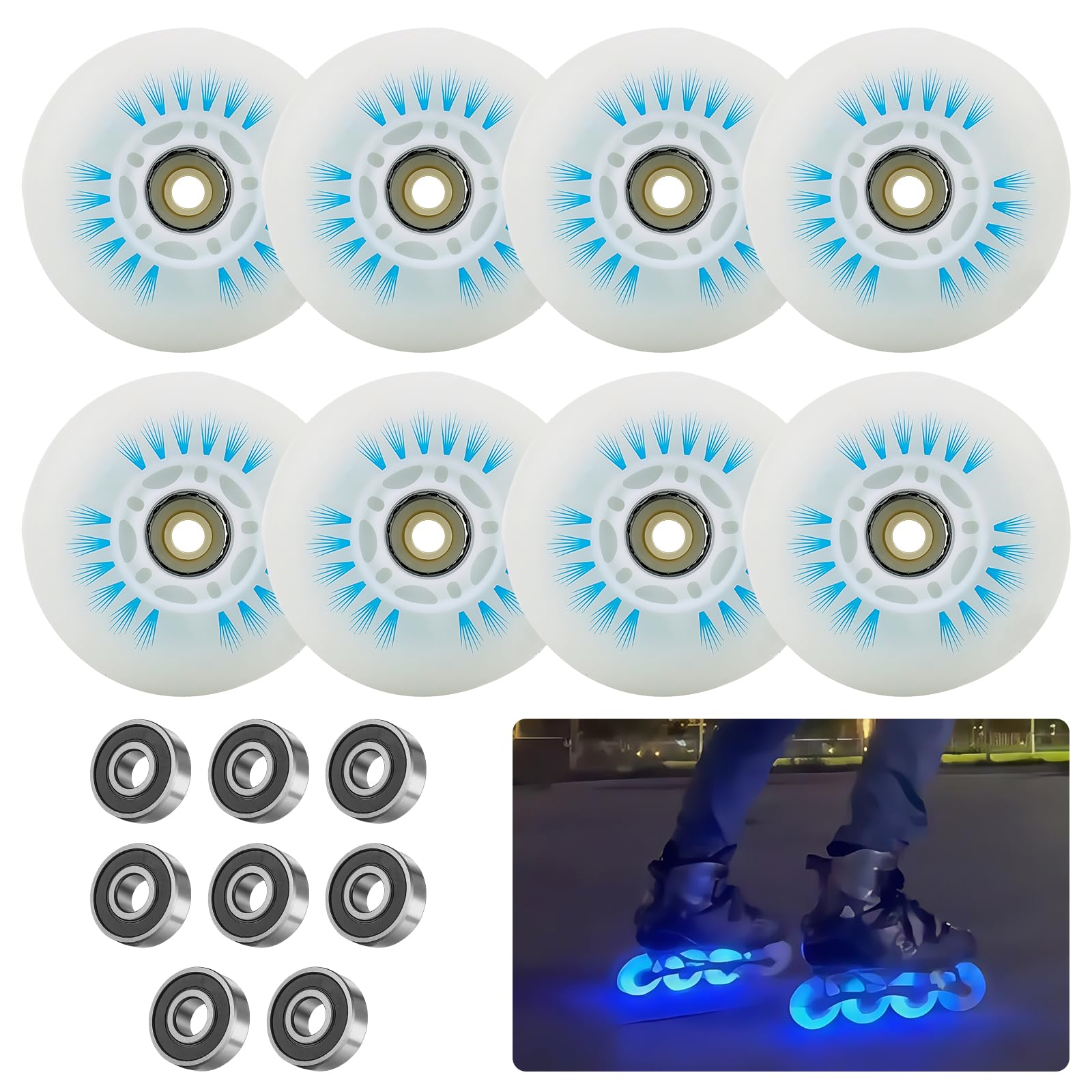PORFOYO Inline Skate Rollen, 76 mm, set di 8 pezzi, ruote in linea Skate con cuscinetti a sfera, ruote universali in PU per tutti i tipi di pattini a rotelle (76 mm)