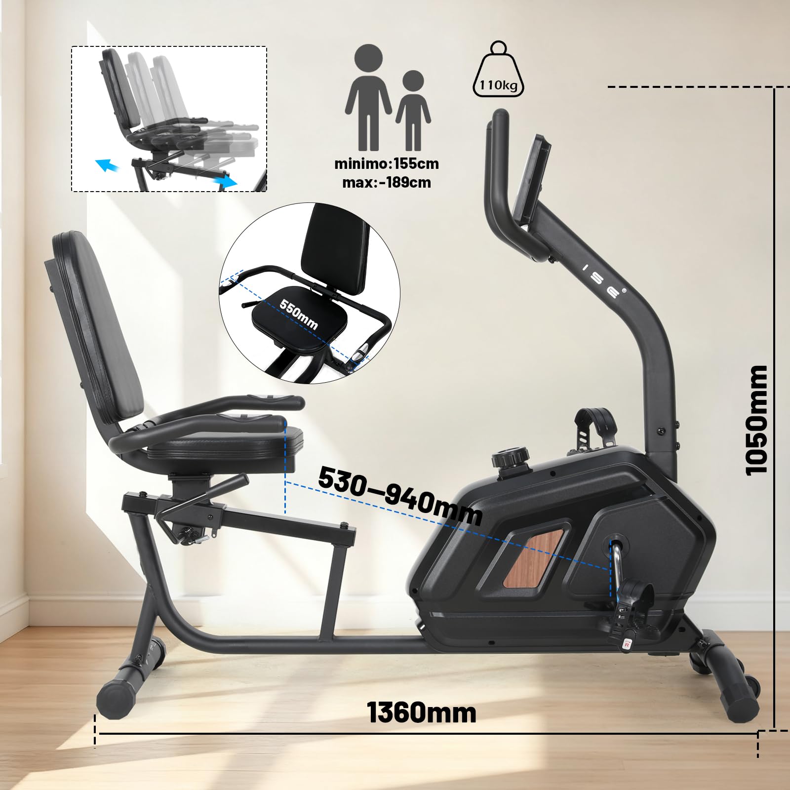 ISE Cyclette da Seduta Magnetica con Schienale, Cyclette Orizzontale da Casa con 8 Livelli di Resistenza Schermo LCD Supporto per Smartphone