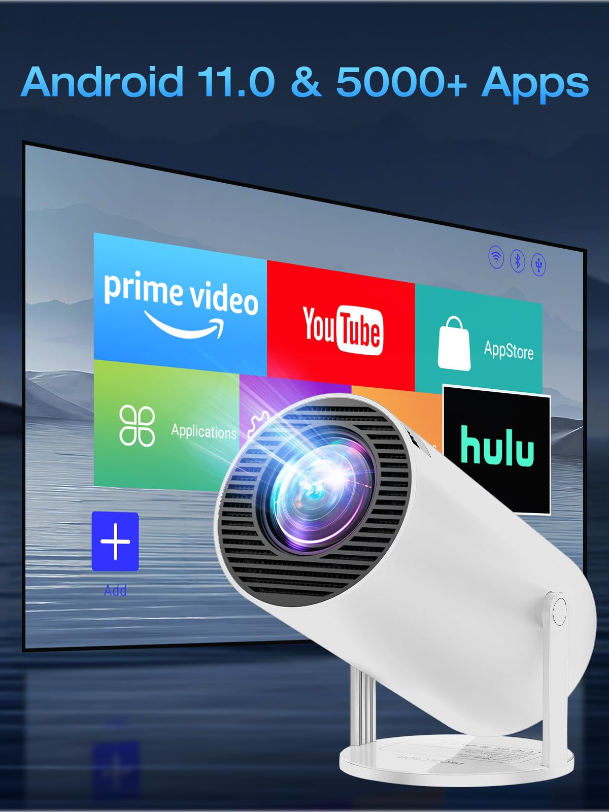 [App integrata & Android 11.0] Proiettore 2025 Upgraded Mini Proiettore Portatile 20000 Lumen 4K Supporta con WiFi 6 Bluetooth 5.2 Auto Keystone 180°Rotazione per Phone/HDMI/TV Stick/USB (1080P-2)