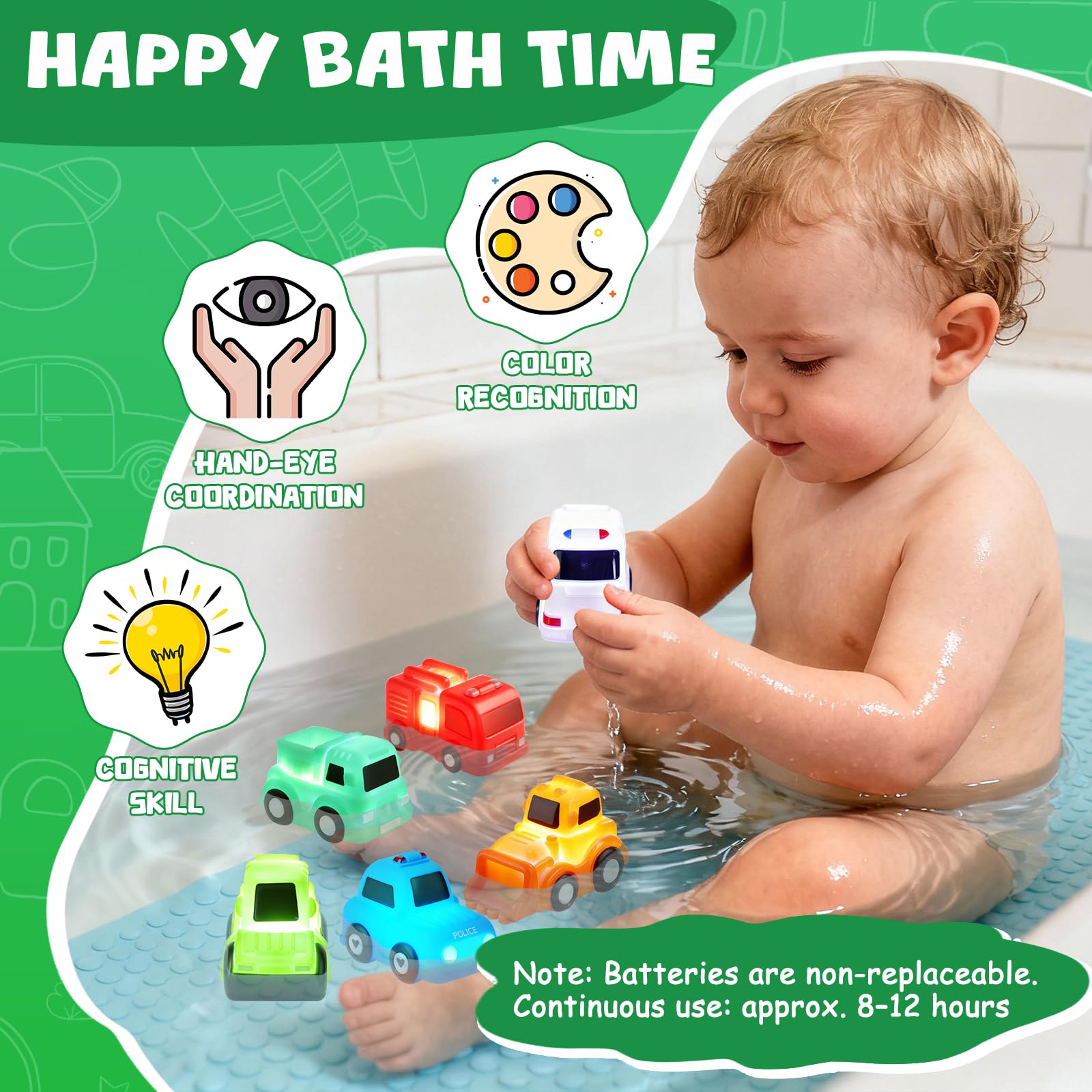 JoiTale Baby Bath Toys, 6 Pack Cars Light Up Bath Toys, No Hole No Mould Bathtub Toy for 1 2 3 Year Olds, Flashing LED Sensory Toy for Toddlers, Bath Time Shower Gifts for Boys and Girls — view 2