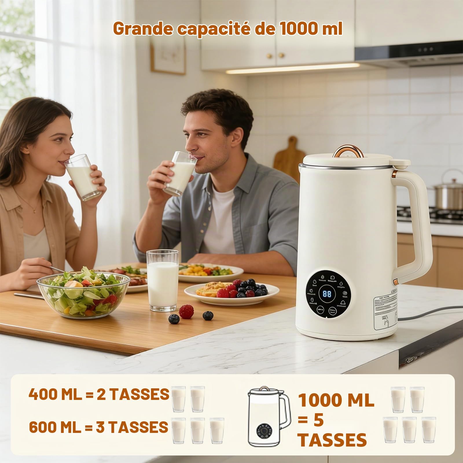 8 IN 1 Machine à lait végétaux, 1000 ml Machine à Lait de Noix Automatique avec 10 Lames, Maintien au Chaud & Auto-Nettoyage, Machine pour Lait Végétal pour Avoine, Soja, Noix, Fruits