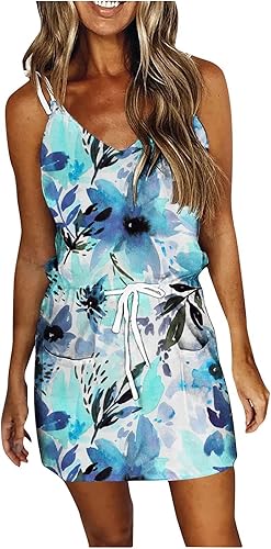 Wiyuqeen Vestidos de tirantes para mujer 2023, verano, primavera, playa, bolsillo, estampado, lindo, casual, holgado, con cordón, bohemio, mini