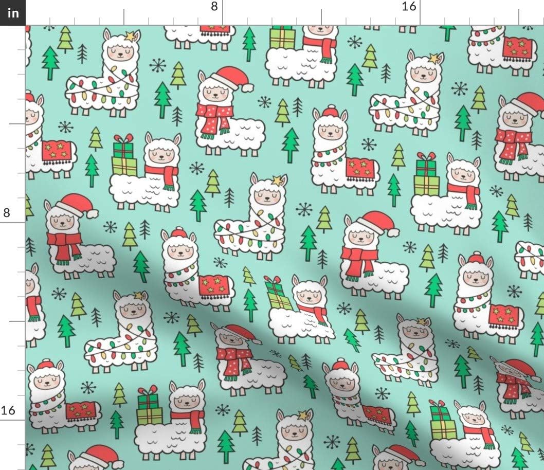 Spoonflower Fabric - Holidays Christmas Llamas Mint Green Llama Winter Trees Fall Printed on Petal Signature Cotton Fabric by The Yard - Sewing Quilting Apparel Crafts Decor