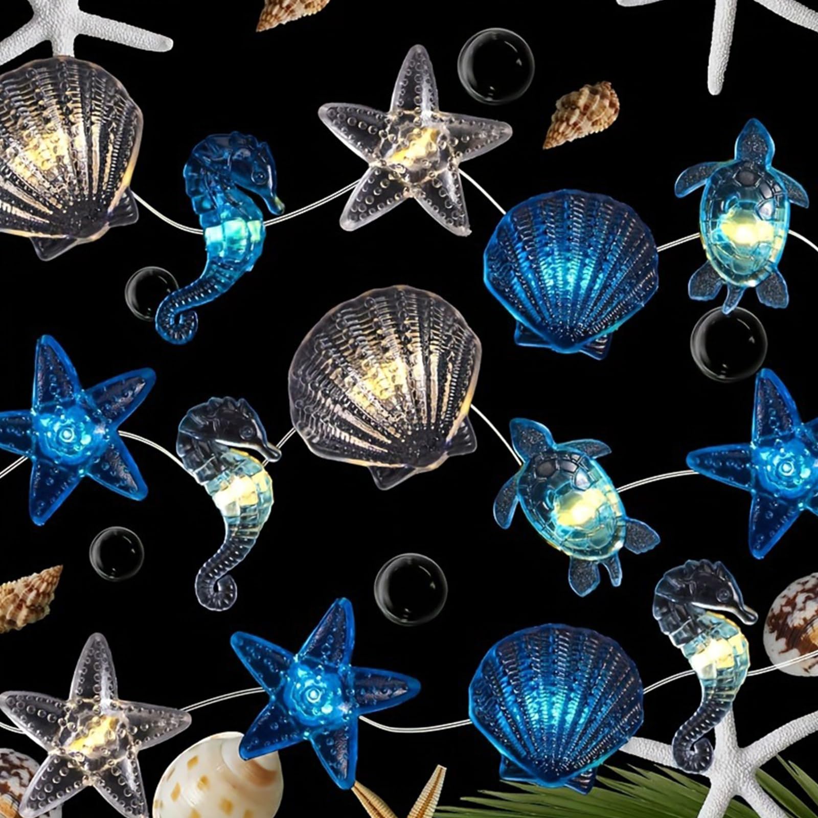 Falafoty Starfish Seashell String Lights,3M 20LED Under The Sea Fairy Light Battery Operated,Ocean Theme Decorative Light String for Indoor Outdoor Bedroom Birthday Wedding Beach Party (Blue Seahorse)