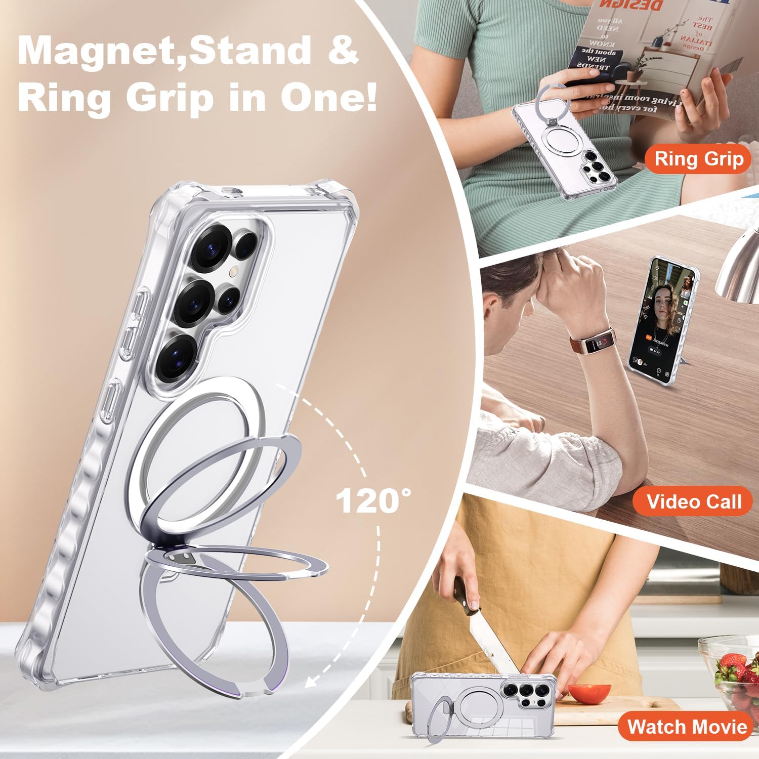 Compatible with Clear Samsung Galaxy S24 Ultra Case 6.8'' with Magnetic Ring Stand [Compatible with Mag-Safe] Military-Grade Wave Frame Phone Case for S24 Ultra, Clear