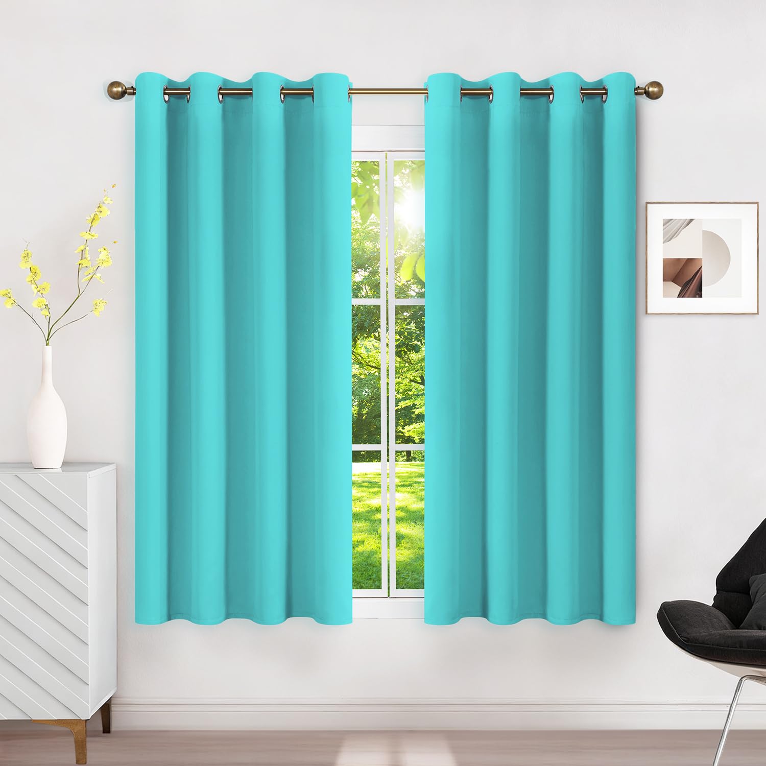 Runyéla Blackout Curtains for Bedroom Eyelet 46 x 54 Inch Drop Thermal Black Out Curtain for Living Room Kitchen, 2 Panels, Turquoise