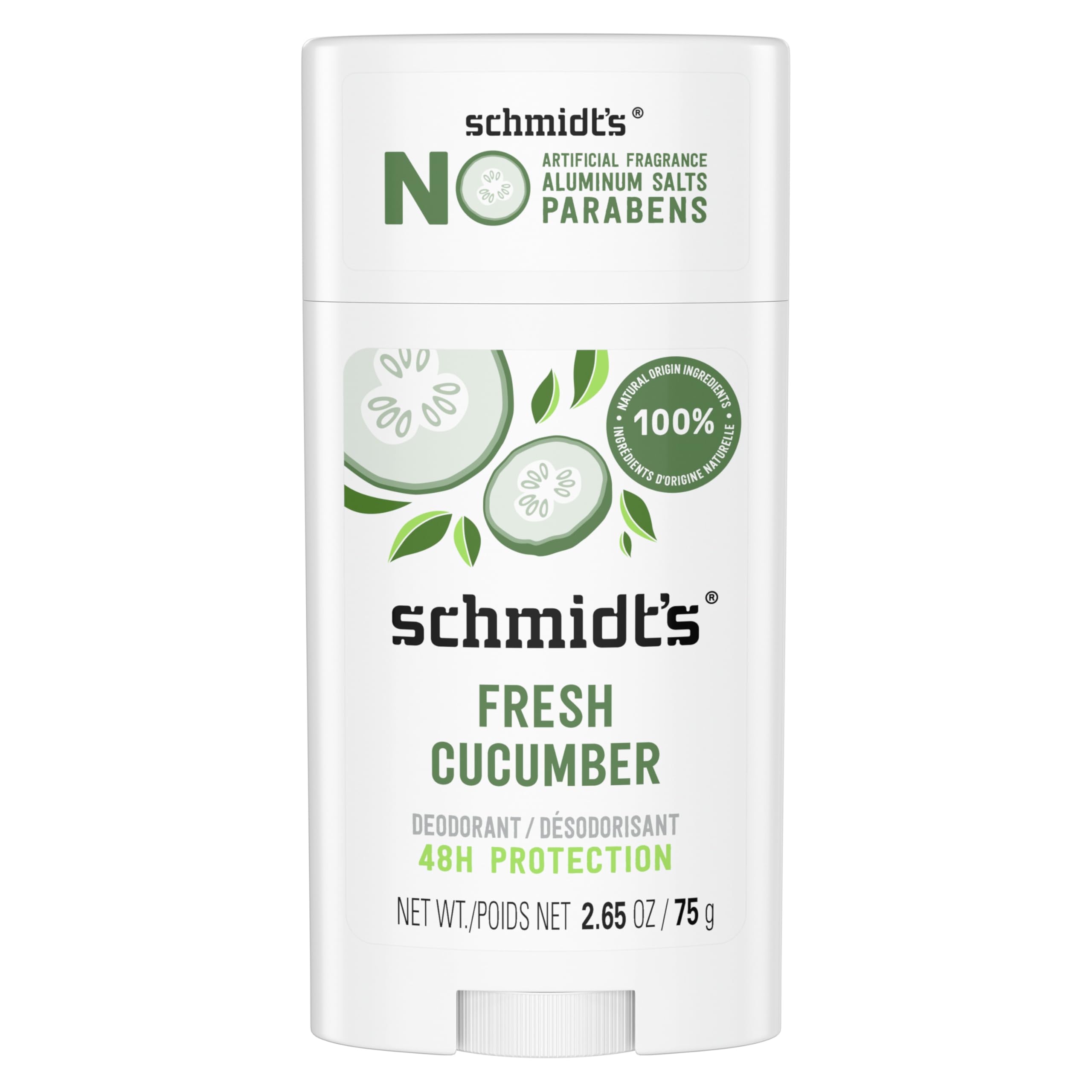 Schmidt's Aluminum-Free Vegan Deodorant Fresh Cucumber for Women and Men, with 24 Hour Odor Protection, Natural Ingredients, Cruelty-Free, 2.65 oz