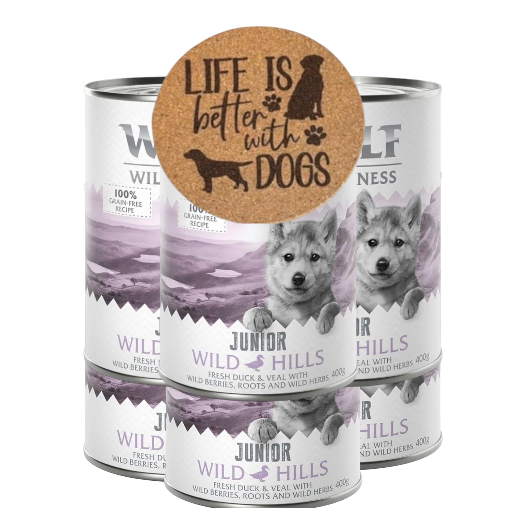 AETN Creations Bundle of Junior Wild Hills Wet Puppy Food 6x400g in Duck & Veal - Grain-Free, High Protein For Growing Dogs with AETN Coaster