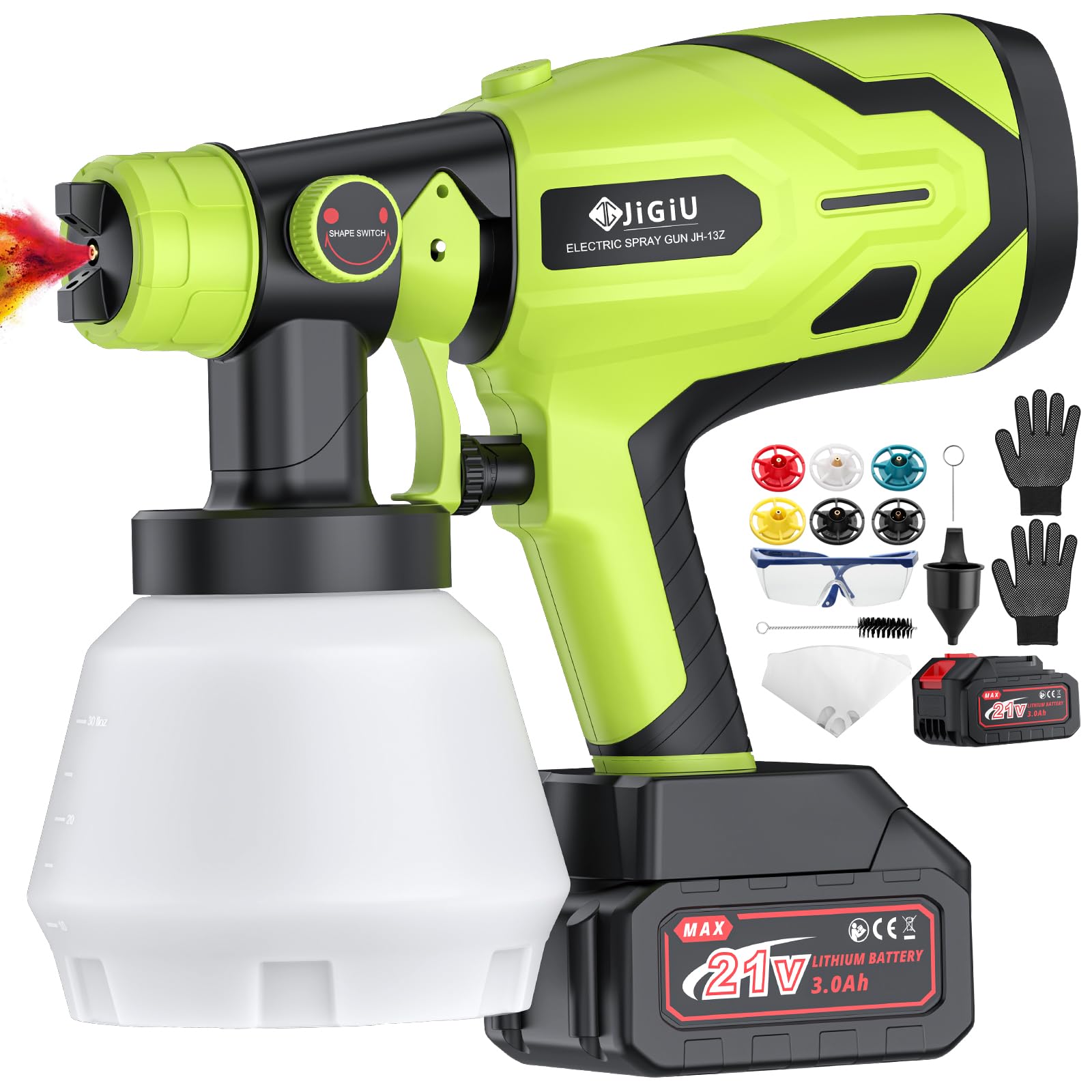 JiGiU Pistola de Pintura Inalámbrica, 300W HVLP Pistola de Pintura Eléctrica 1000ml, con 6 Boquillas (1.0 1.5 1.8 2.0 2.5 3.0mm) y 3 Patrones para Armarios, Gabinetes, Cercas, Paredes, Puertas