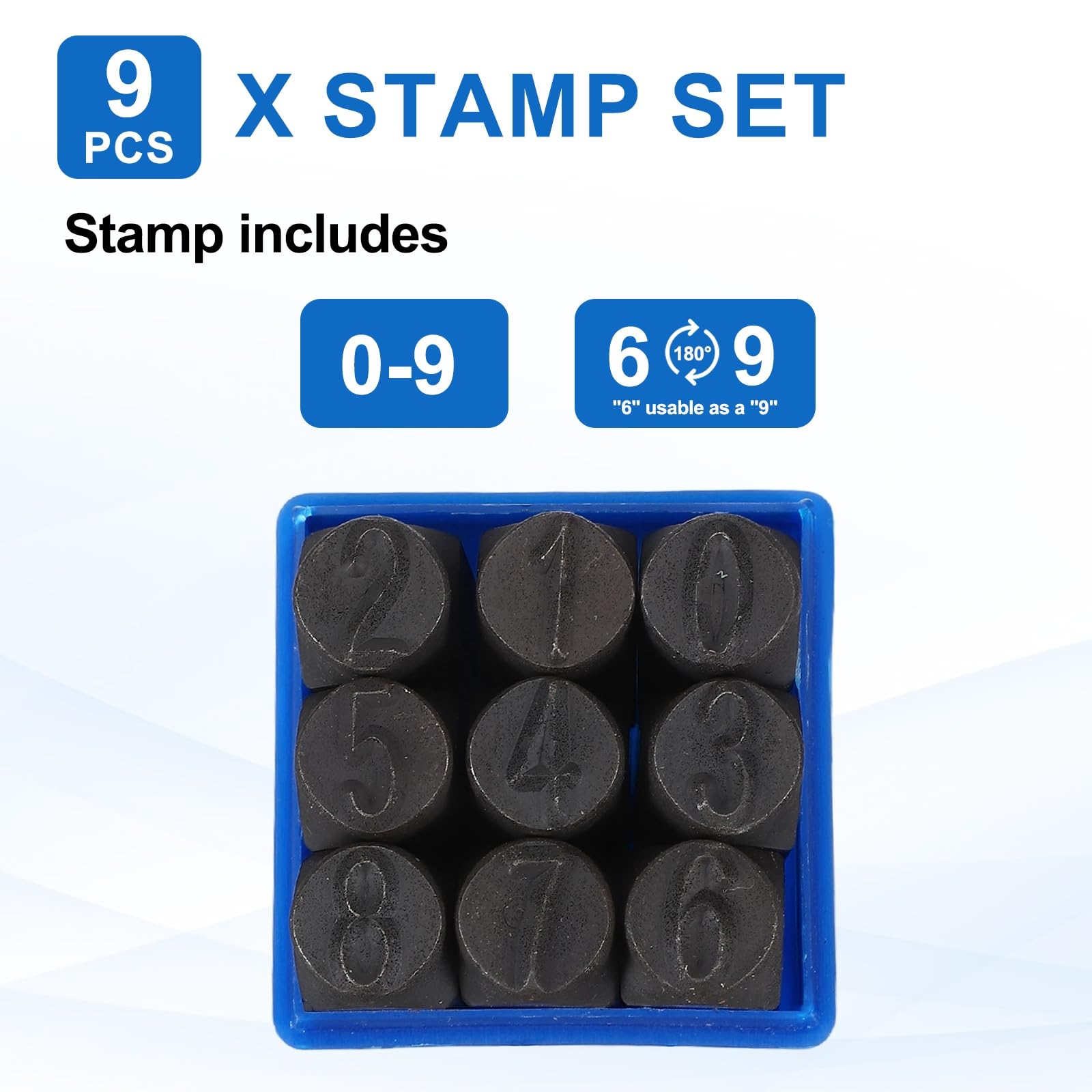 QUARKZMAN Set Di Timbri Numerici In Metallo 9 Pezzi 15/32" (12mm) Kit Per Marcatura Numerica 40Cr Set Di Utensili Per Marcatura A Mano Con Custodia Blu Creazione Gioielli Artigianato