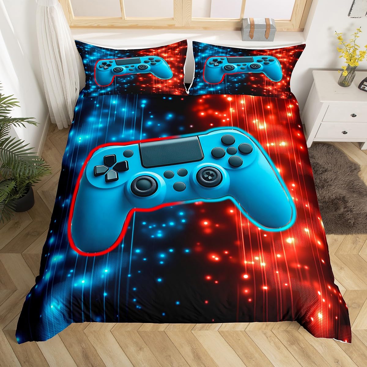 Loussiesd Red and Blue Light Gamepad Duvet Cover Set Cot Size For Kids Boys Teens Gamer Bedding Set Gaming Comforter Cover with 1 Pillowcase Came Room Decor โ image 1