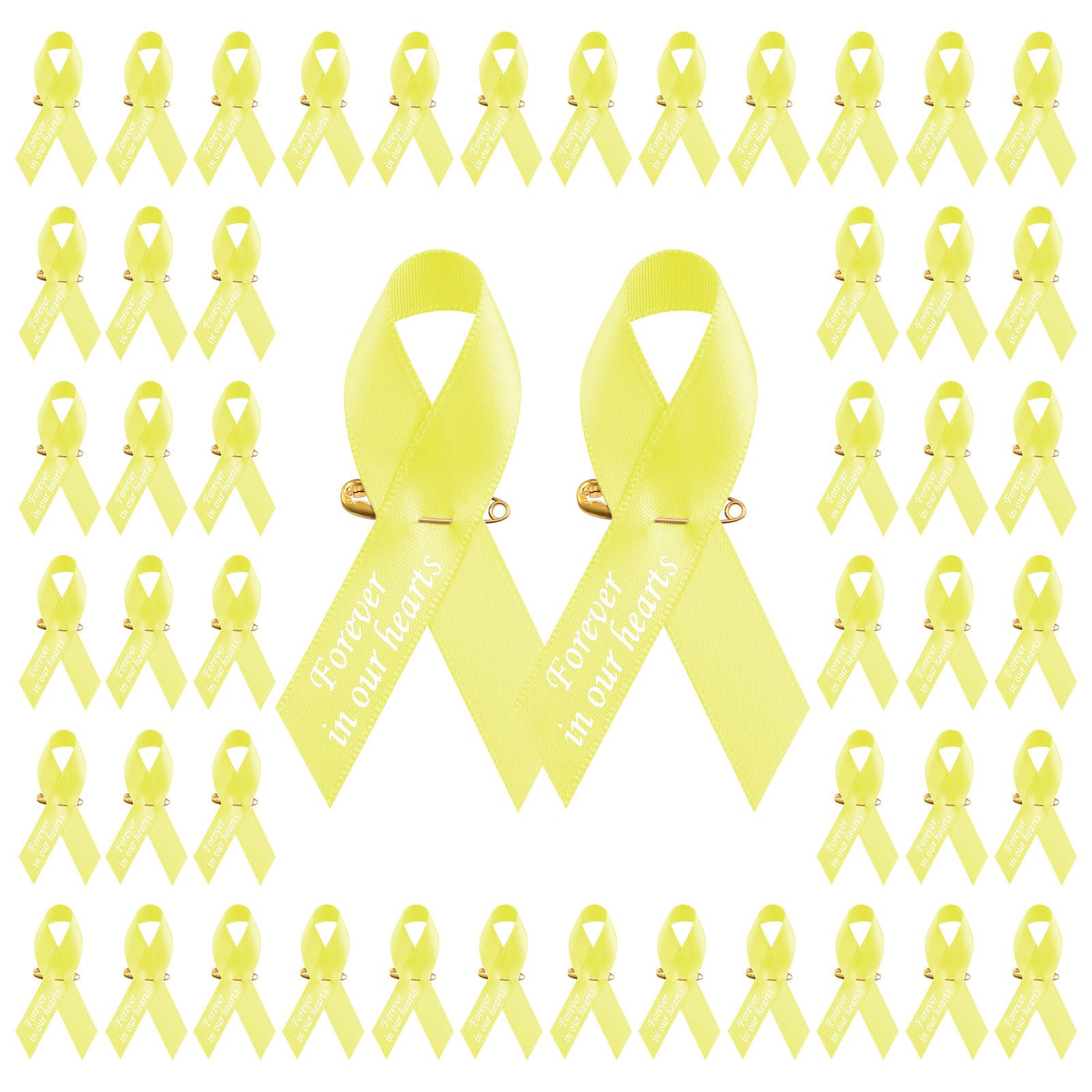 Craffancy Yellow 100 Pcs Satin Ribbon Pins, Memorial Ribbon Brooches In Forever In Our Hearts For Funeral Mourning Event Bereavement Remembrance