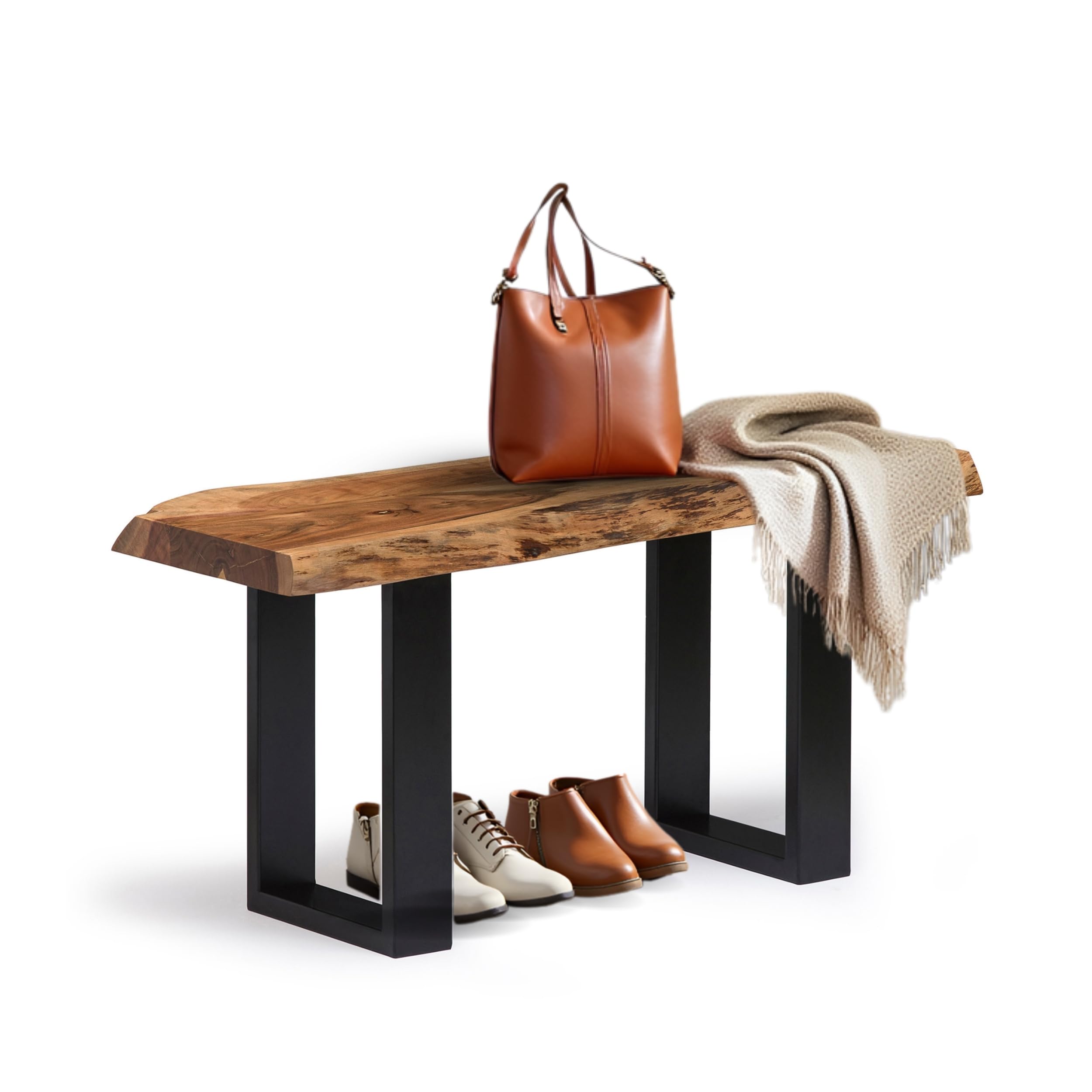 Alpine 36-Inch Live Edge Solid Acacia Wood Bench with Black Metal Legs and Floor Protectors – Unique and Durable Accent Piece for Entryways, Hallways, or Living Spaces by Alaterre Furniture