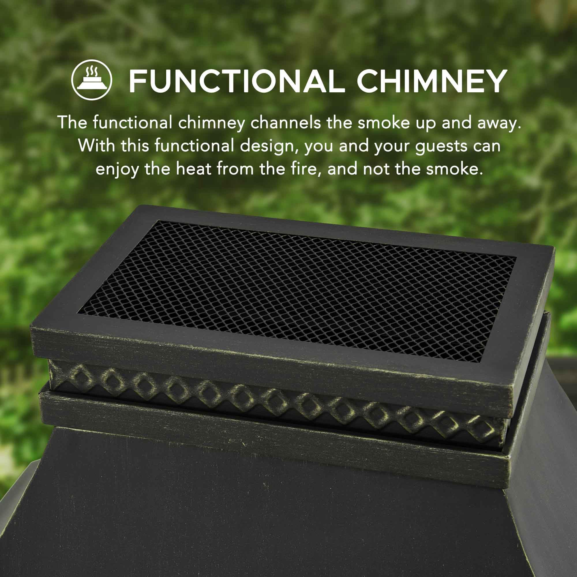 Chimenea al aire libre, azulejos de aspecto de piedra para patio, chimenea de acero con chimenea, pantalla de chispas, póker de fuego, cubierta para lluvia y rejilla extraíble, negro con 4