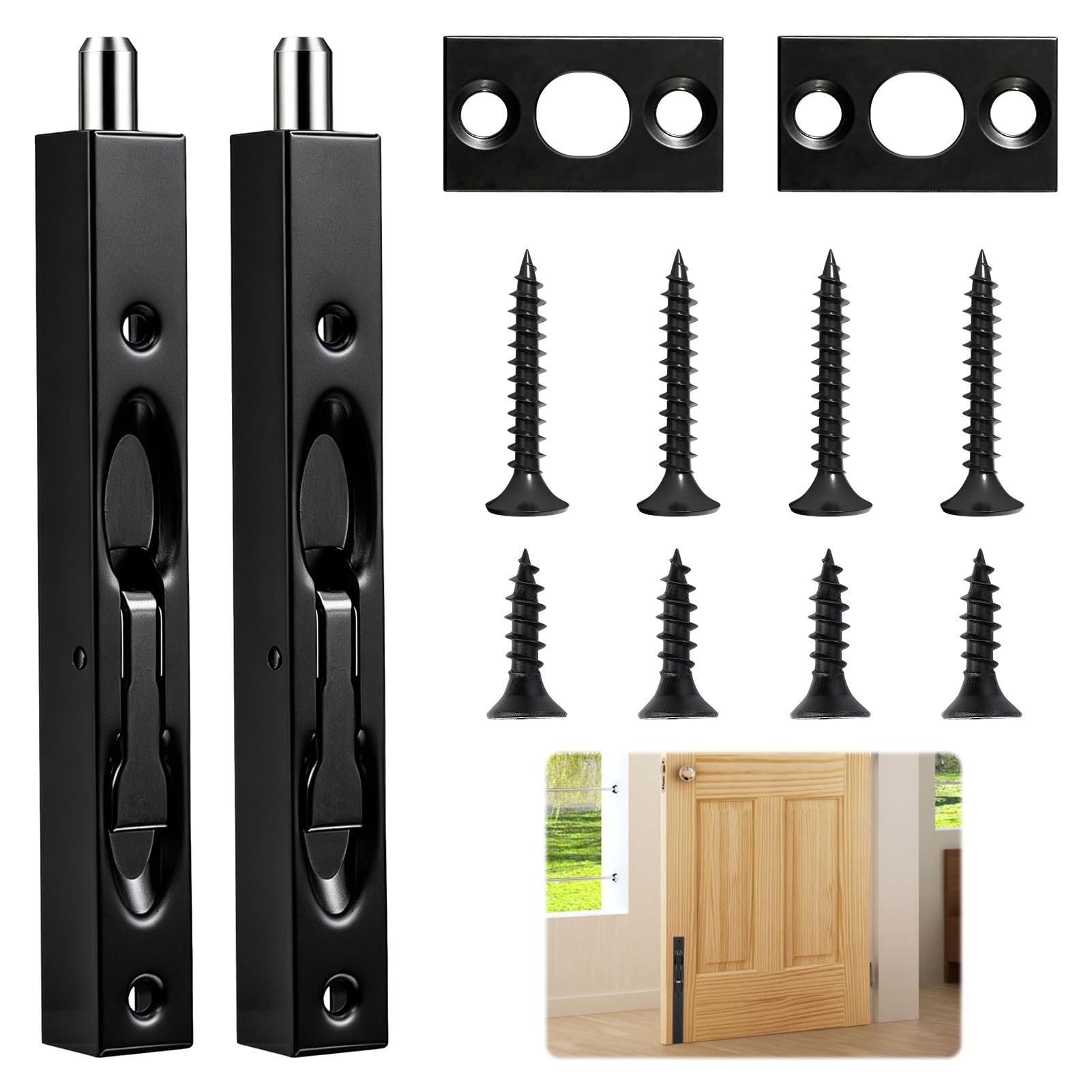 2PCS Flush Bolt Set Stainless Steel Concealed Flush Bolt for Internal Doors, Sliding Black Flushes Bolts for Wooden French Doors(Black)