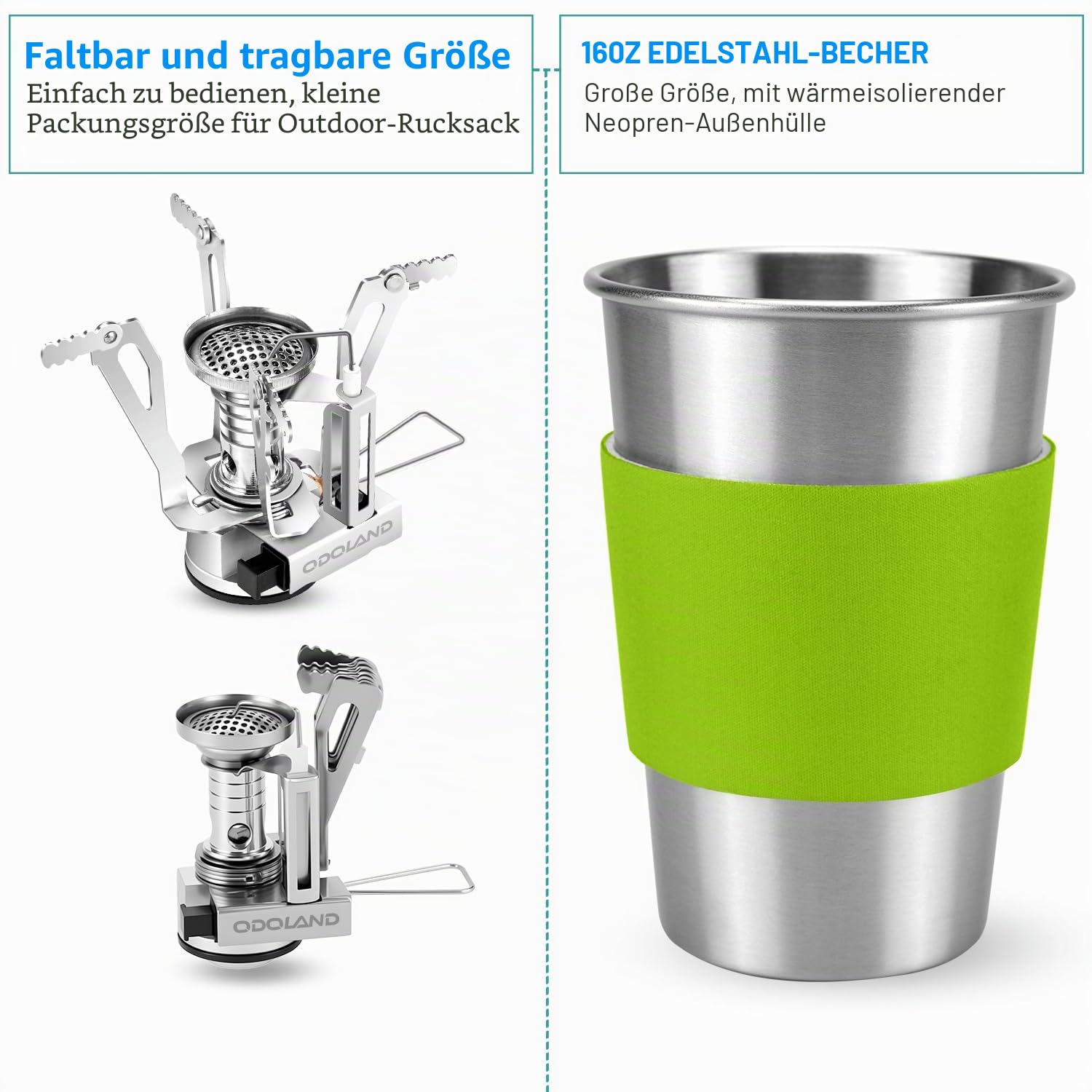 Odoland Camping Geschirr Set 10-teiliges Outdoor Kochgeschirr Aluminium Camping Töpfe Becher Faltbare Besteck Mini Campingkocher für Outdoor Picknick Wandern