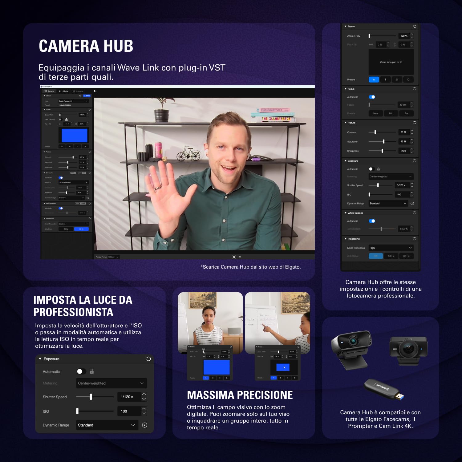 Elgato Facecam 4K - webcam da studio 4K60, controllo in stile DSLR, effetti cinematografici, filtri per obiettivo da 49 mm, video non compresso, area di messa a fuoco ottimizzata | USB-C per PC e Mac