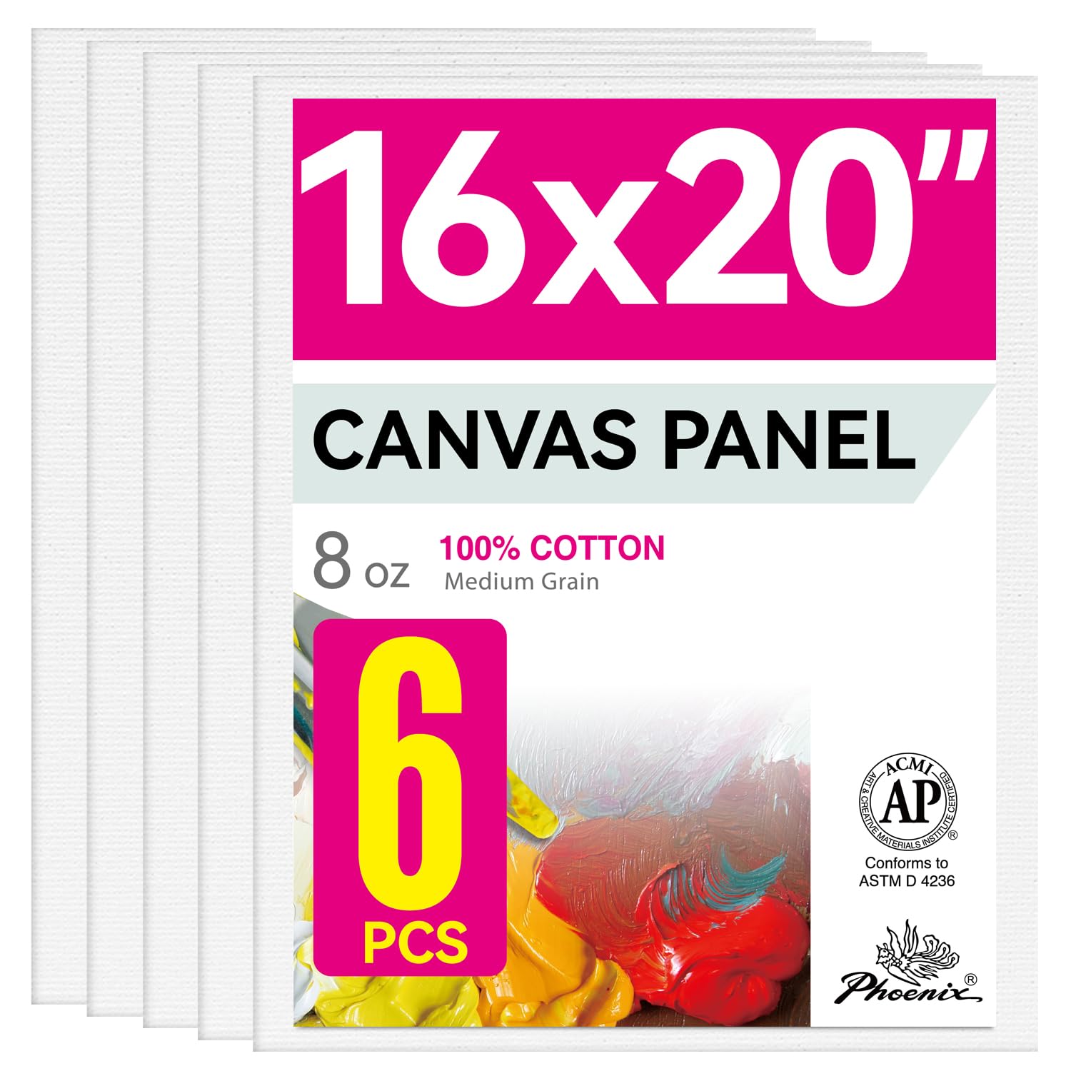 PHOENIX Large Painting Canvas Panels - 16x20 Inch, 6 Value Pack - 8 Oz Triple Primed 100% Cotton Acid Free Canvases for Painting, White Blank Flat Canvas Boards for Acrylic, Oil Paints