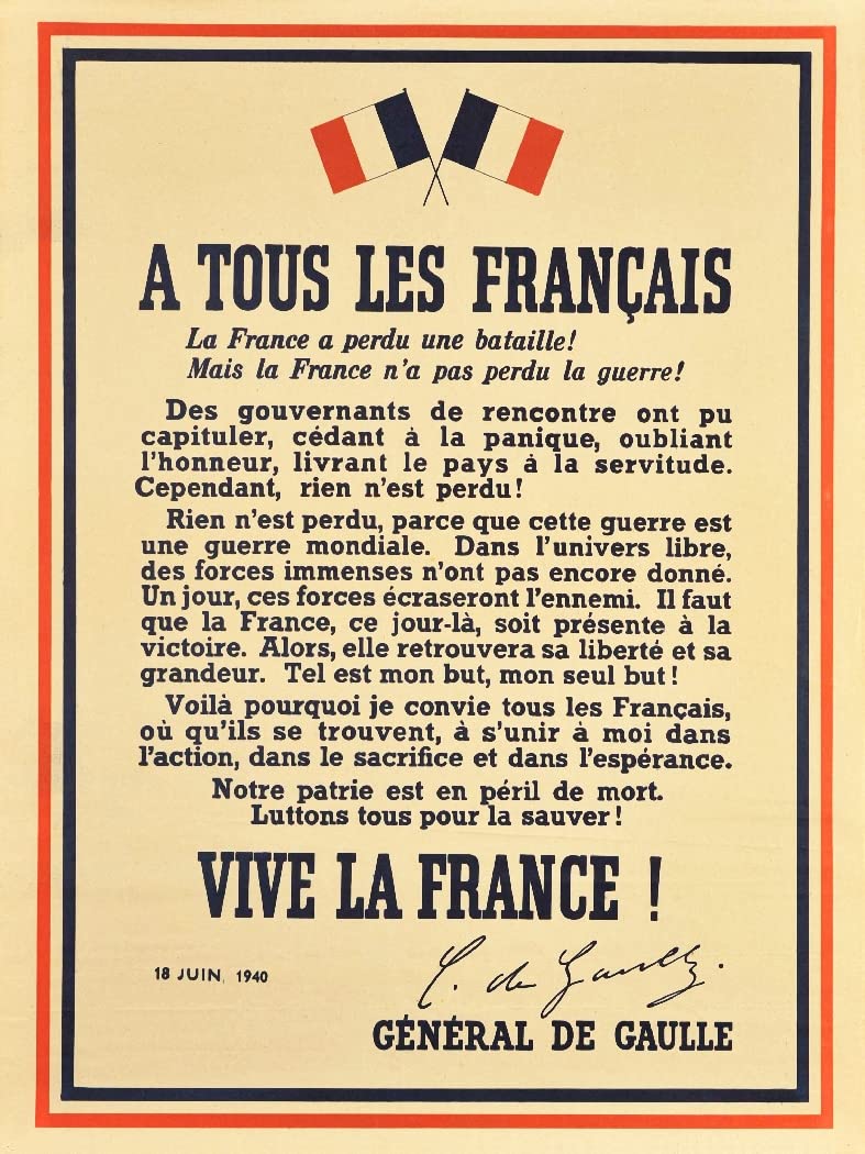 Appel 18 Juin 1940 DE Gaulle Rxhf-Poster/Reproduction HQ 45x60cm d'une Affiche Vintage