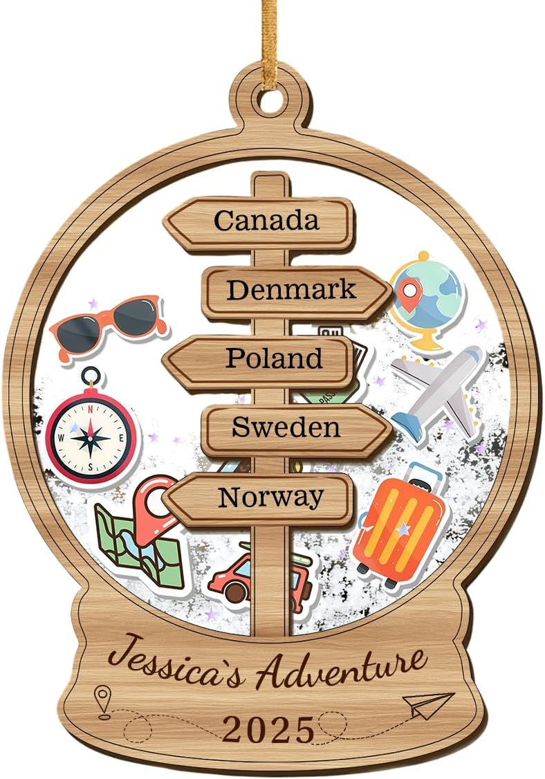 Personalized Travel Adventure Ornament, Custom Traveler Keepsake, World Travel Ornament, Custom Travel-Themed Christmas Tree Decoration, Road Trip Vacation Keepsake, Gift for Travelers & Adventurers