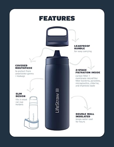 Miniatura 3 de LifeStraw Go Series - Botella de filtro de agua de acero inoxidable de 18 onzas sin BPA aislada al vacío de doble pared para viajes y uso diario