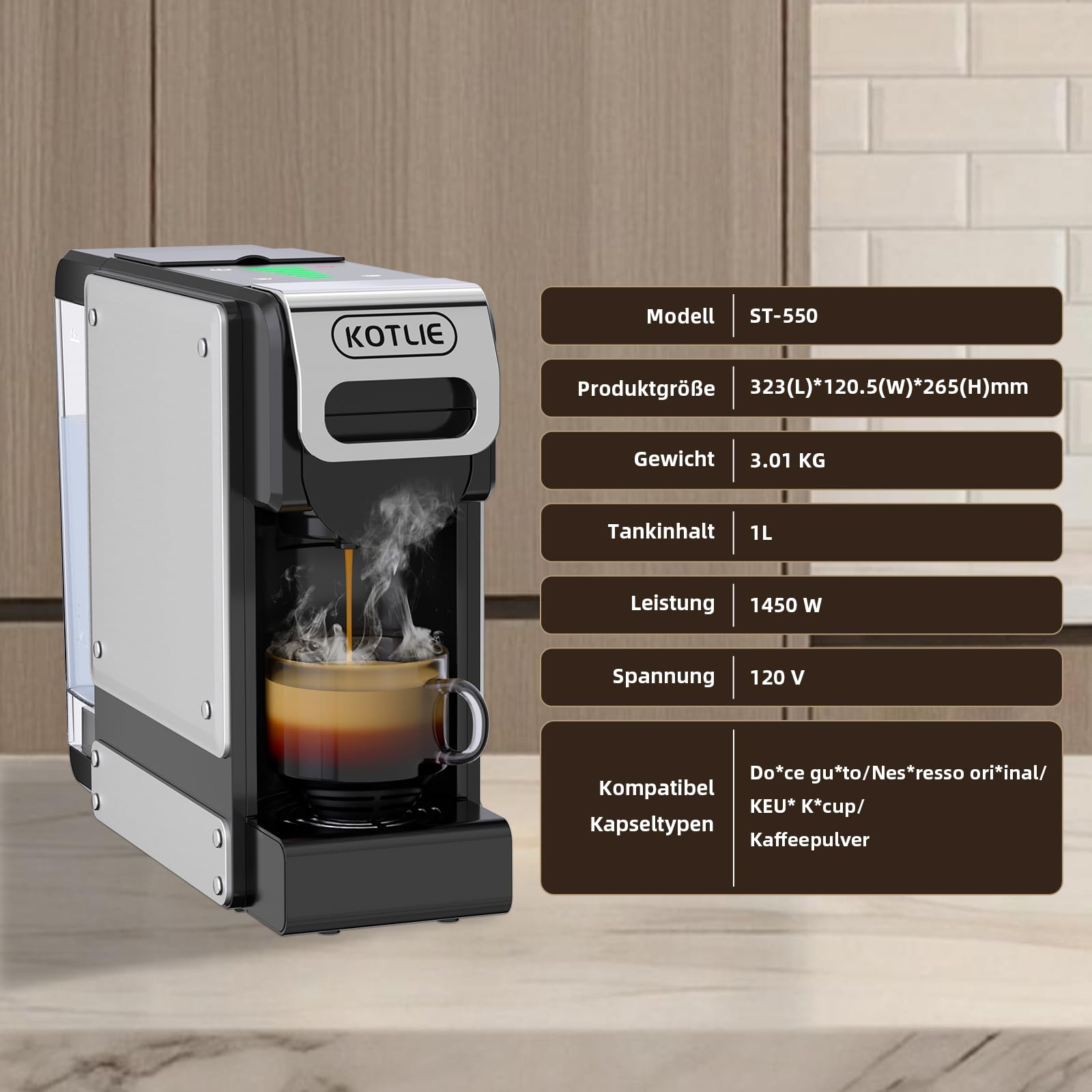 KOTLIE ST-550 Kapsel Kaffeemaschine, 4 in 1 Kapsel Kaffeemaschine für Nes Original/D*G/A MODO MIO und gemahlenen Kaffee, 7-stufige Wassermenge