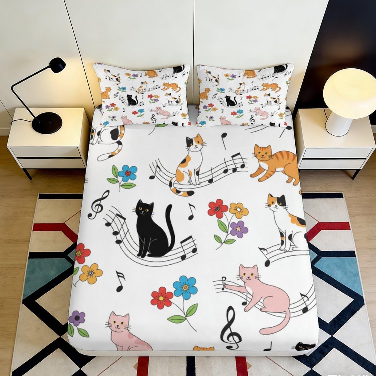 Pnayamiorkfel Style-8 3D Printed Musical Cat Fitted Sheet Microfiber Soft Cartoon Music Note Bed Cover For Bedroom Guest Room Decor 90X200x25cm