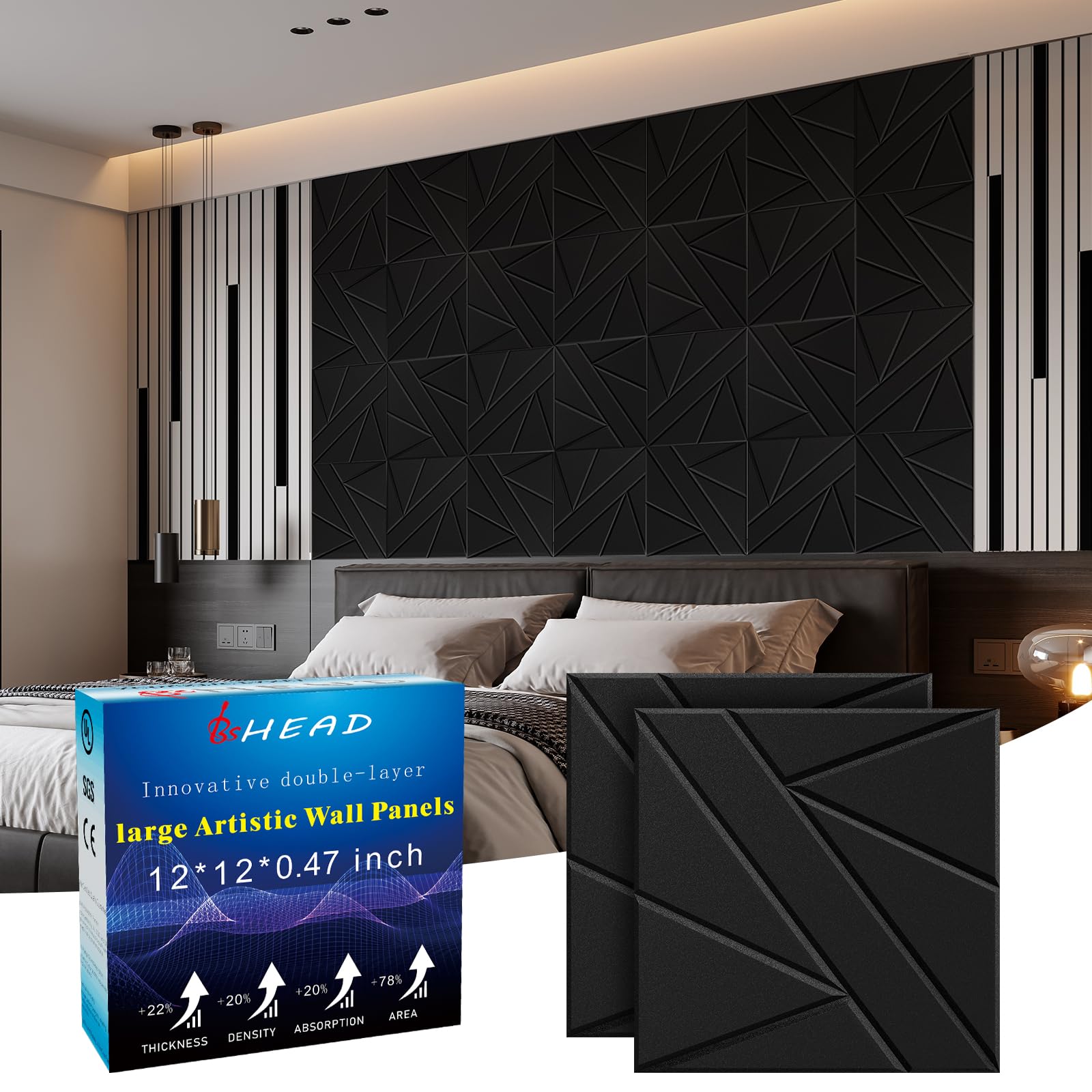 16 Pack Self-Adhesive Soundproof Wall Panels, 12 x 12 x 0.47 in Sound Proof Foam Panels for Walls, 1.2lb/ft³ High Density, Thicker 0.47in, Acoustic Panels, Noise Dampening Panels Studio Black