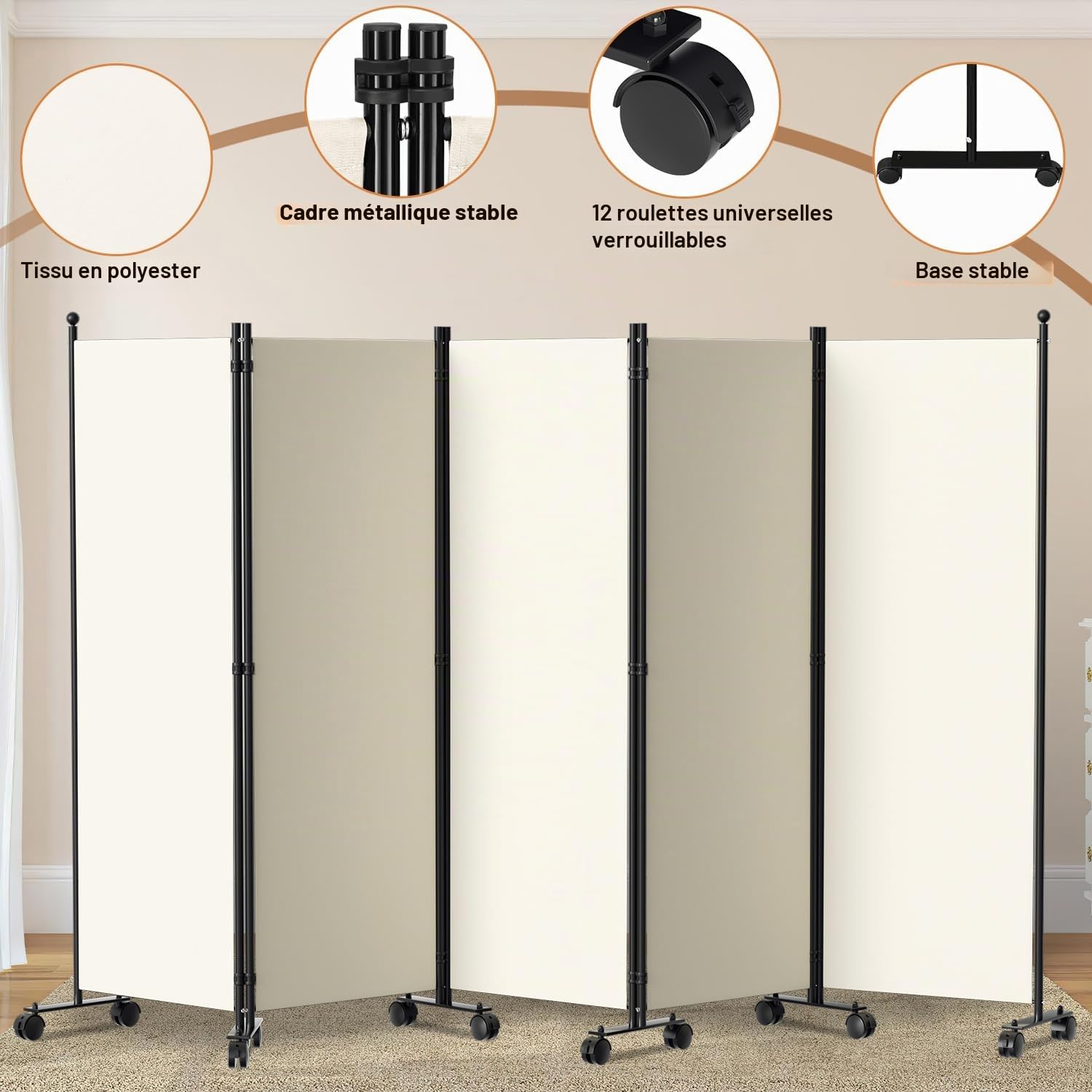 Paravent séparateur de pièces sur roulettes, pliable, 5 pièces, 284 x 181 x 30 cm, brise-vue pour balcon, mur espagnol, brise-vue en fibre de polyester, paravent facile à installer (beige)