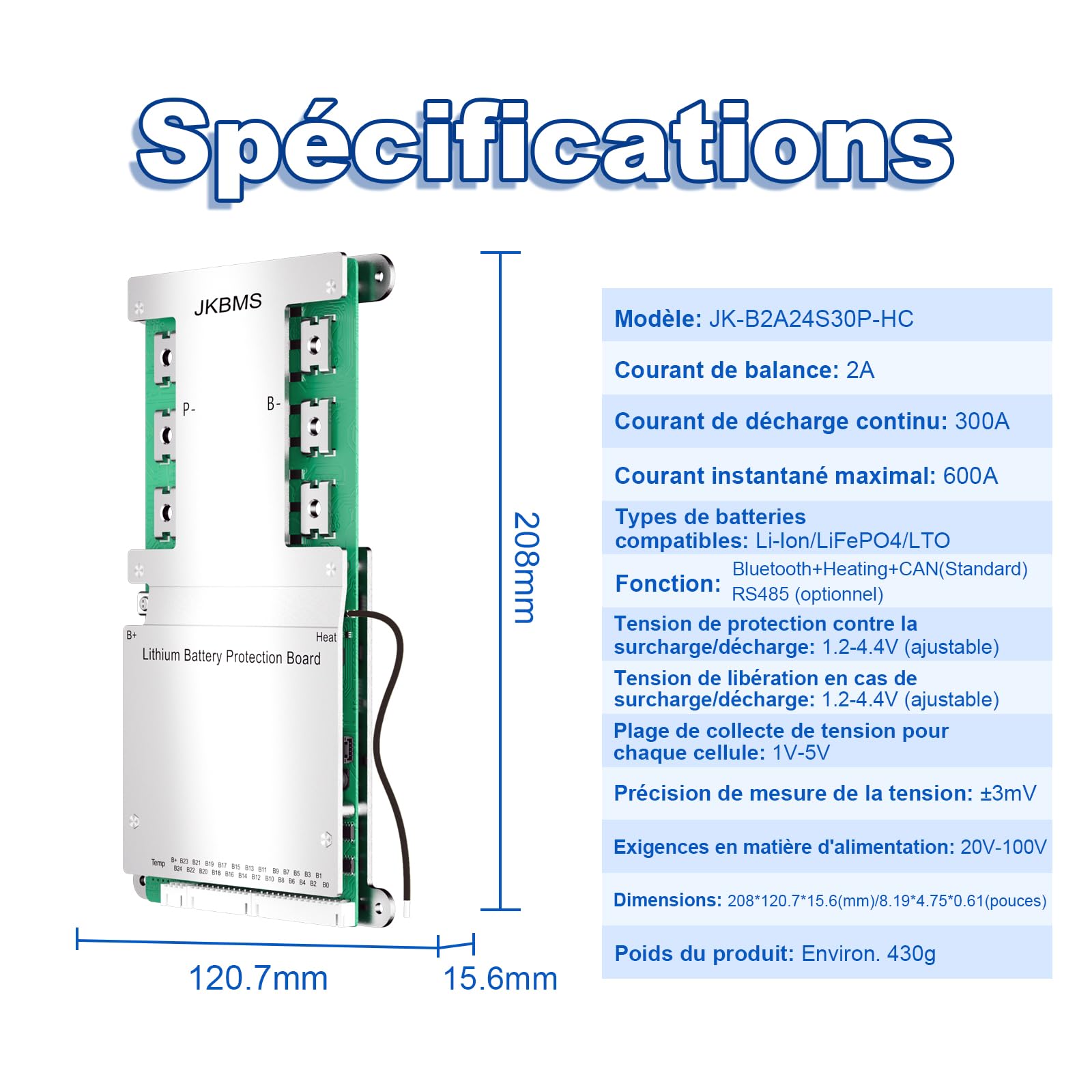 JKBMS Smart BMS con Heat Can RS485 8S-24S 24V-72V 300A 2A Activo Balance BMS con Placa de protección de batería Bluetooth para baterías de Litio LiFePO4 y LTO (JK-B2A24S30P-HC)