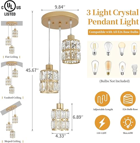 Miniatura 5 de Moderna lámpara colgante de cristal dorado  Lámpara colgante ajustable de 3 luces para isla de cocina, comedor, sala de estar y dormitorio